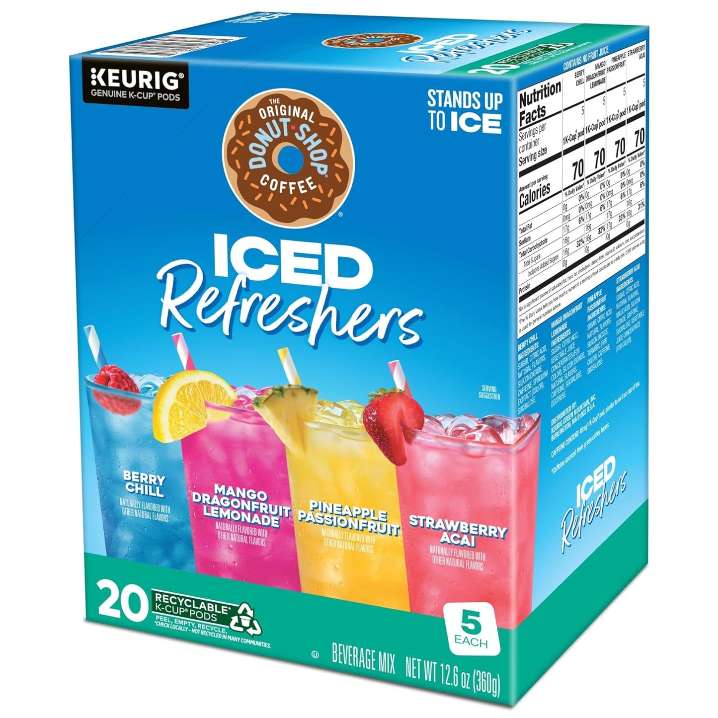 The Original Donut Shop, Iced Refreshers, Keurig Single Serve K-Cup Pod Variety Pack, Strawberry Acai, Pineapple Passionfruit, Mango Dragonfruit Lemonade, Berry Chill, 20-Count