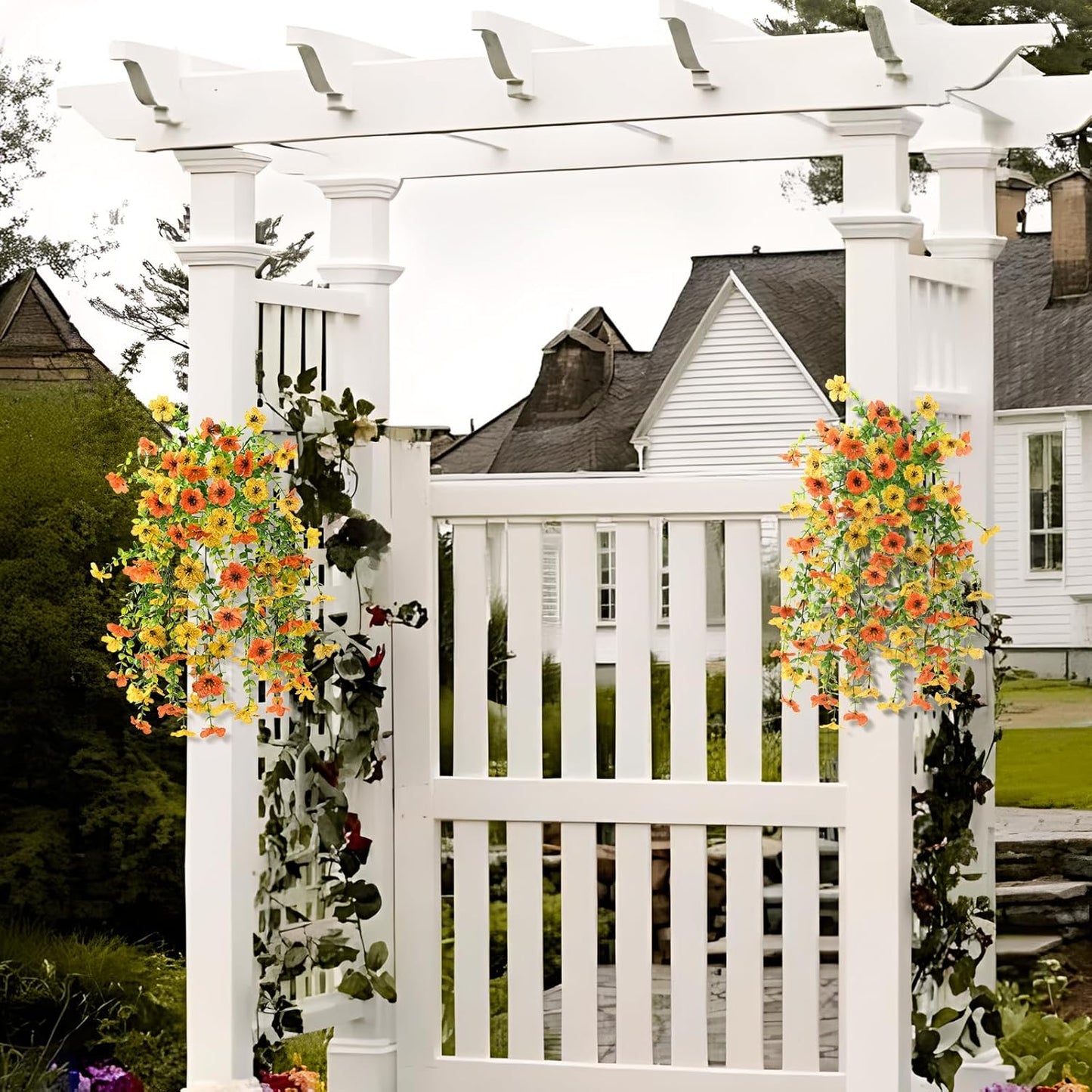 Artificial Hanging Flowers Plants for Outdoor Fall Decoration, 2PCS Faux Silk Daisy UV Resistant Look Real for Outside Home Indoor Planter Porch Window Yard Autumn Decor(Orange Yellow)