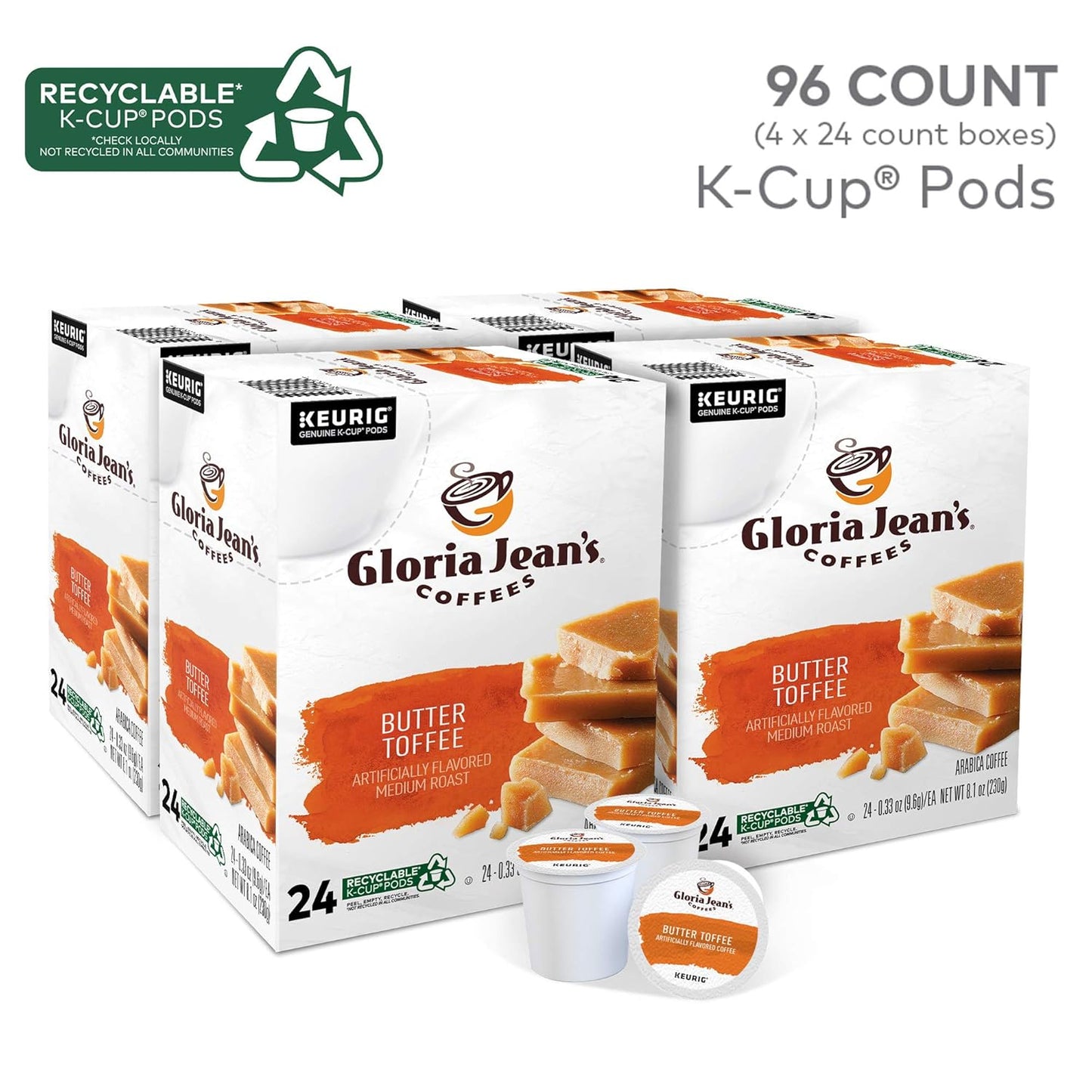 Gloria Jean's Coffees Butter Toffee, Single-Serve Keurig K-Cup Pods, Flavored Medium Roast Coffee, 96 Count
