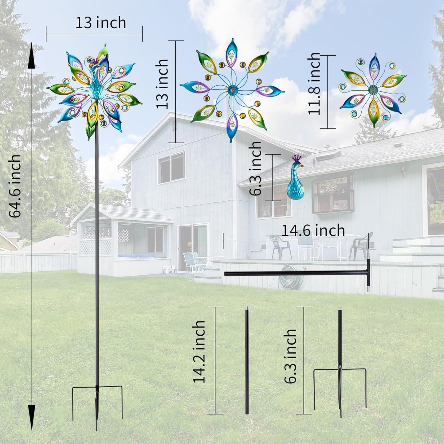 DREAMYSOUL Outdoor Peacock Wind Spinners with Gem Decor, 13" D*65" H Double Sided Kinetic Wind Sculptures & Spinners, Metal Peacock Decor for Garden Yard Lawn