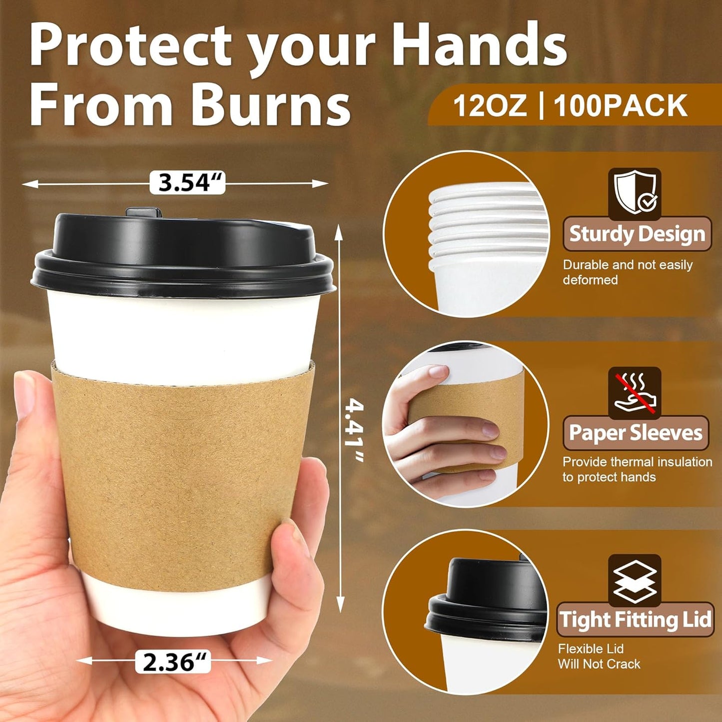 100 Pack 12 oz Disposable Coffee Cups with Lids and Insulated Sleeves, Leak-free Paper and Sturdy Thick Paper Hot to Go Coffee Cups with Lids for Cold/Hot Beverage (White)