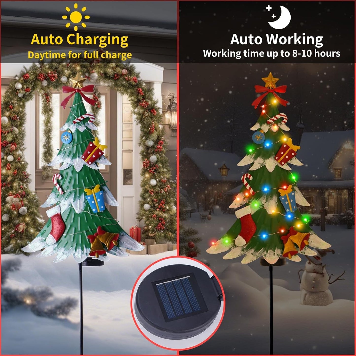 LIGHTSHINE Metal Christmas Tree with Solar Led Lights and Various Metal Xmas Ornaments, Outdoor Solar Christmas Decorations, Outdoor Iron Christmas Decor for Yard, Garden, Porch (Multicolor)