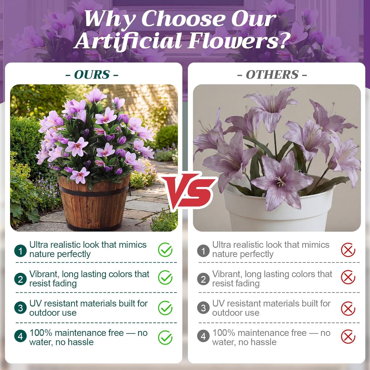 6 Bundles Artificial Azalea Flowers Spring Outdoors Decoration UV Resistant Realistic Fake Silk Azalea Flower for Outside Planters Garden Porch Window Home Flowerpot Decoration(Light Purple)