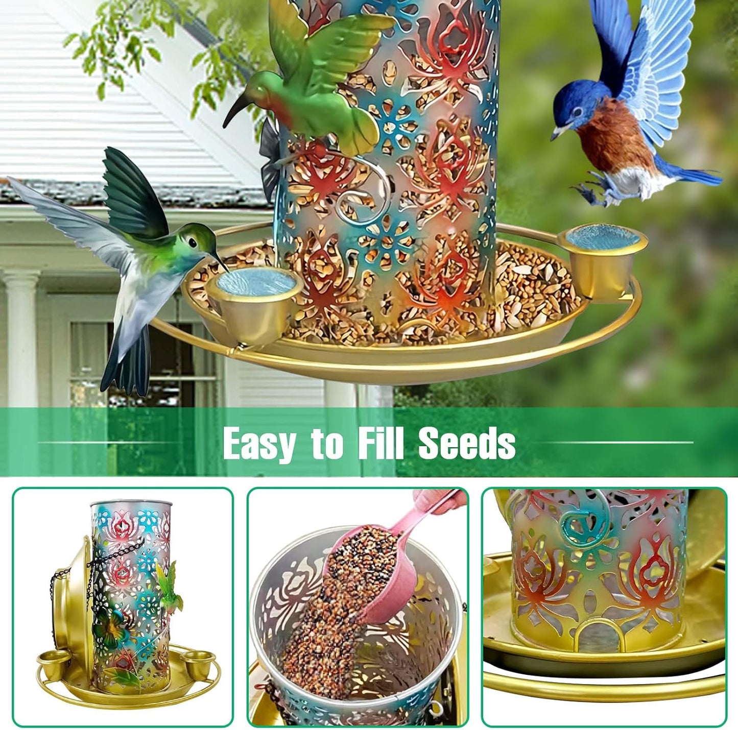 Solar Bird Feeder for Outdoors Hanging, Metal Waterproof Hummingbird Feeders Outside Wild Bird Feeders with 3 Water Feeder Cups and LED Light, Gift for Birds Lovers, Garden Lantern Decoration