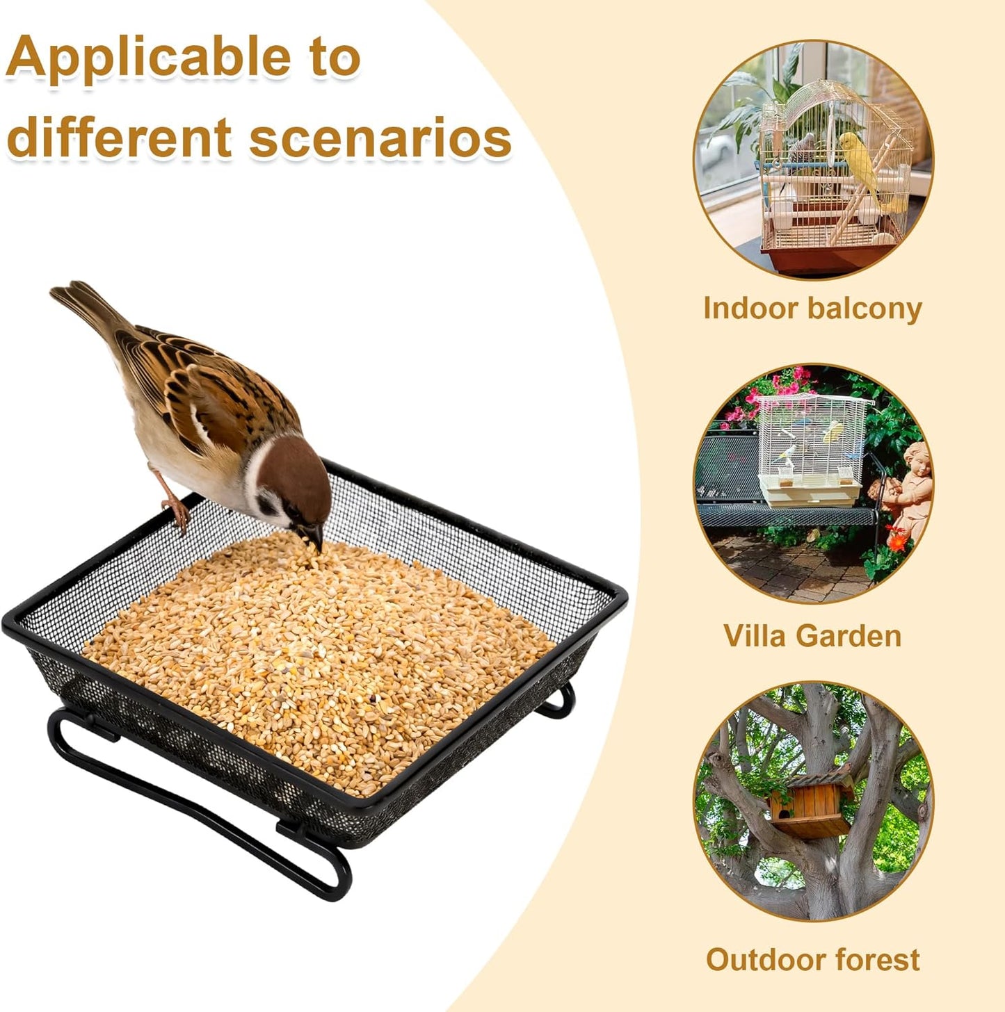 Set of 2 Metal Platform Bird Feeder Tray with 4 Fixed Elastic Rope for Outdoor,7 inch Deck Railing Bird Feeder Tray for Balcony, Backyard,Rust Resistant Design for Wild Birds or Squirrels, Square