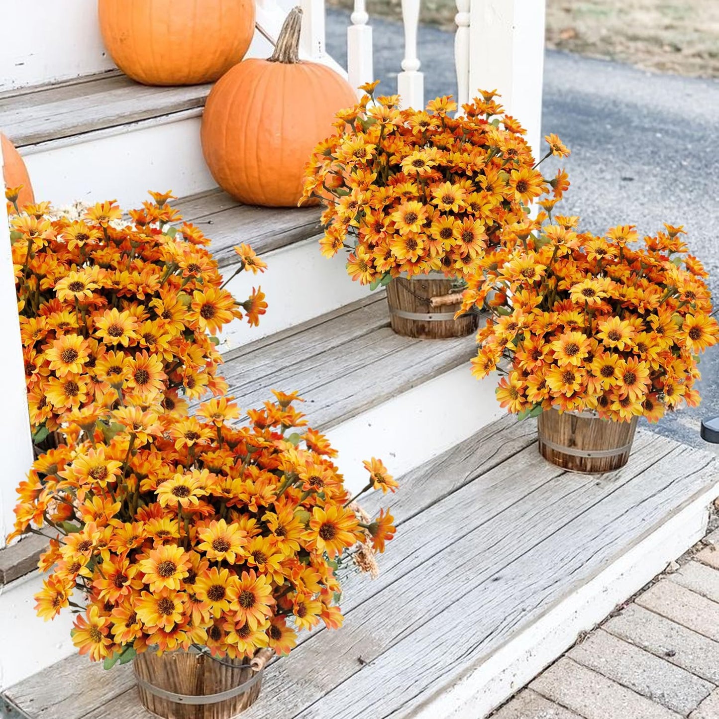 10 Bundles Artificial Fall Flowers Fake Mums Outdoor No Fade Faux Silk Daisy Bulk Plants Flower Arrangements for Autumn Home Outside Porch Patio Farmhouse Garden Pots Planter Decor
