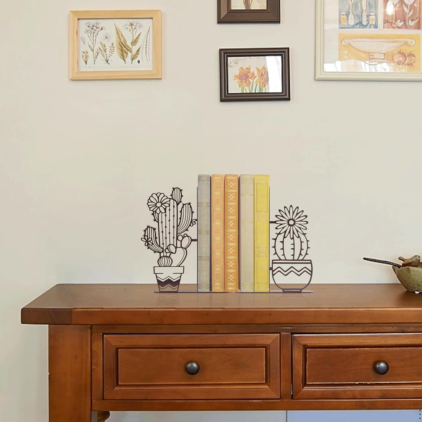 Metal Cactus Planter Book Ends, Dual Wave Pot Design Unique Cute Bookends with Rust Proof Coating, Home Office Decor & Gift for Book Lovers(Brown)