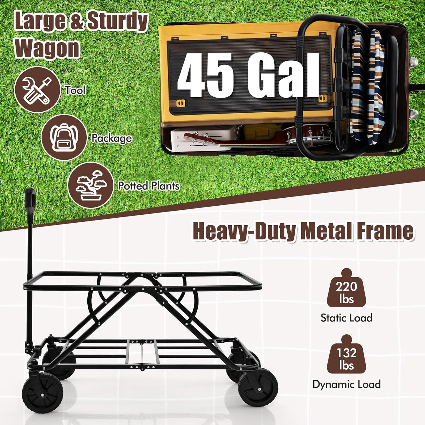 GYMAX Collapsible Wagon Cart Heavy Duty, Beach Wagon with Adjustable Handlebar, Bottle Holders & All-Terrain Wheels, Utility Wagon Foldable for Camping, Shopping, Garden, Sports (Brown)