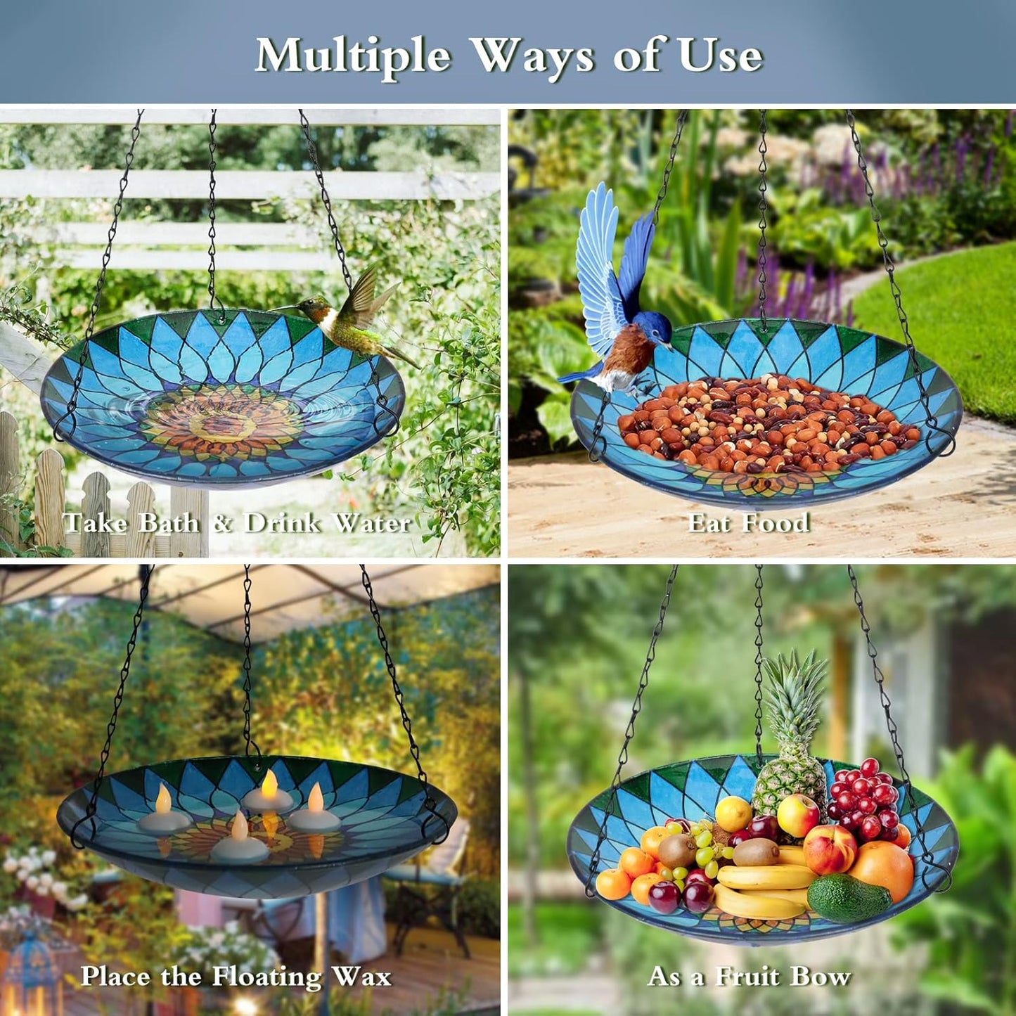 MUMTOP Hanging Bird Bath - Bird Baths for Outdoors, 12 Inch Glass Bird