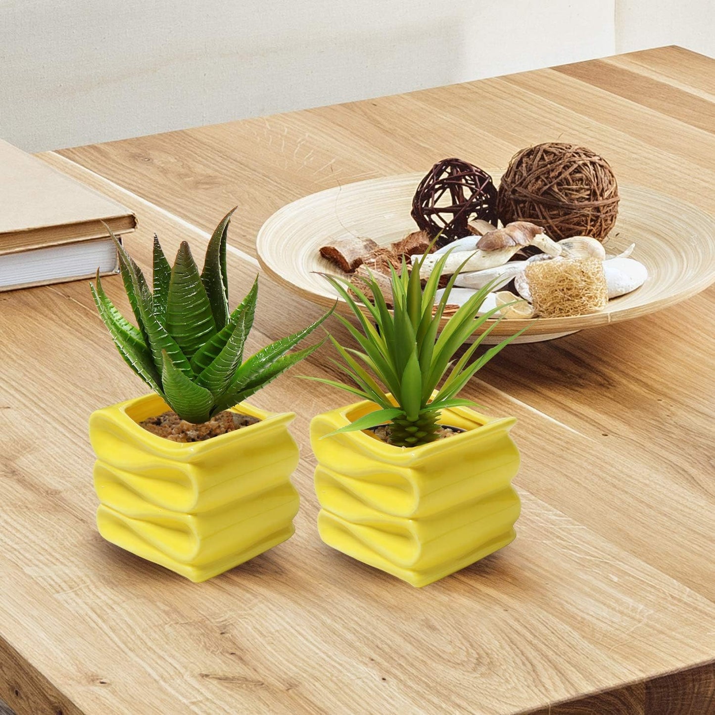 MyGift 4-Inch Yellow Ceramic Mini Succulent Plant Pot, Modern Decorative Planters with Candy Ribbon Design, Set of 2