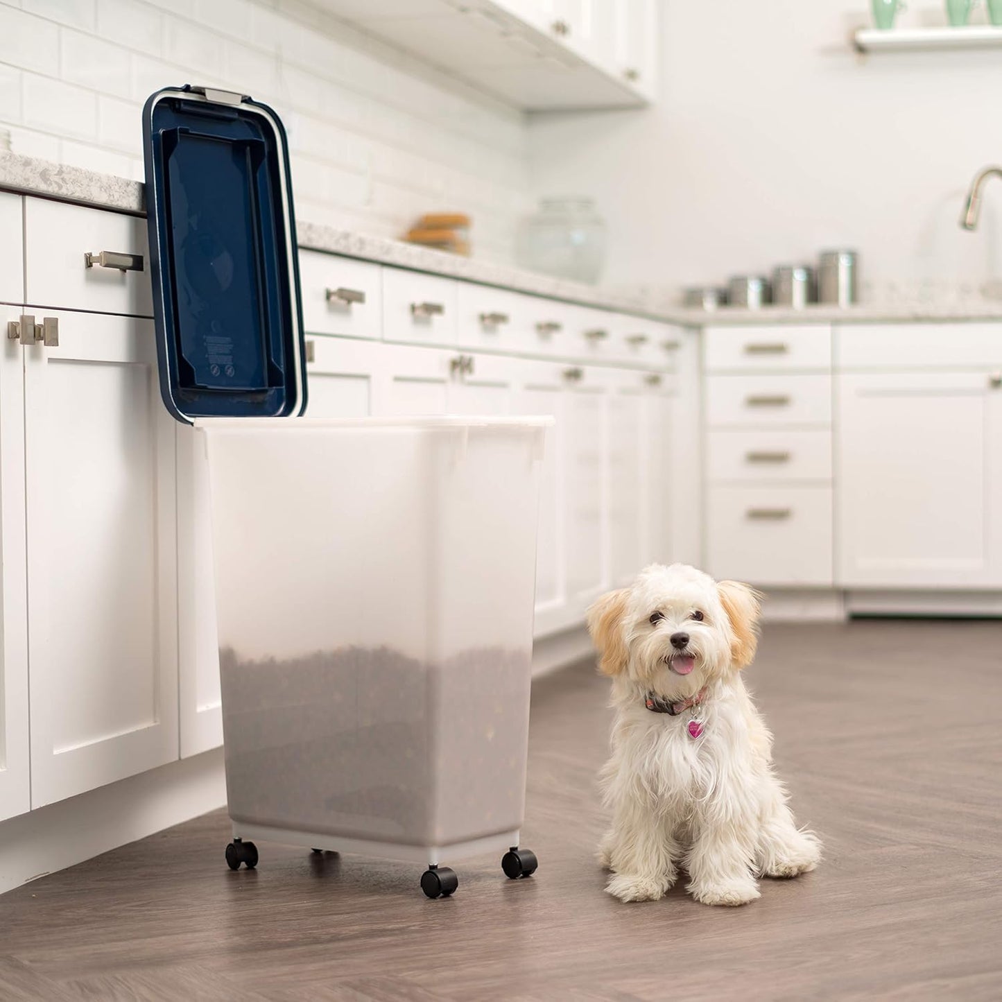 IRIS USA 54 lb + 38 lb Airtight Pet Food Storage Container Combo, Attachable Wheels, for Dog Cat Bird and Other Pet Food Storage Bin, Keep Fresh, Easy Mobility, BPA Free, Navy/Pearl