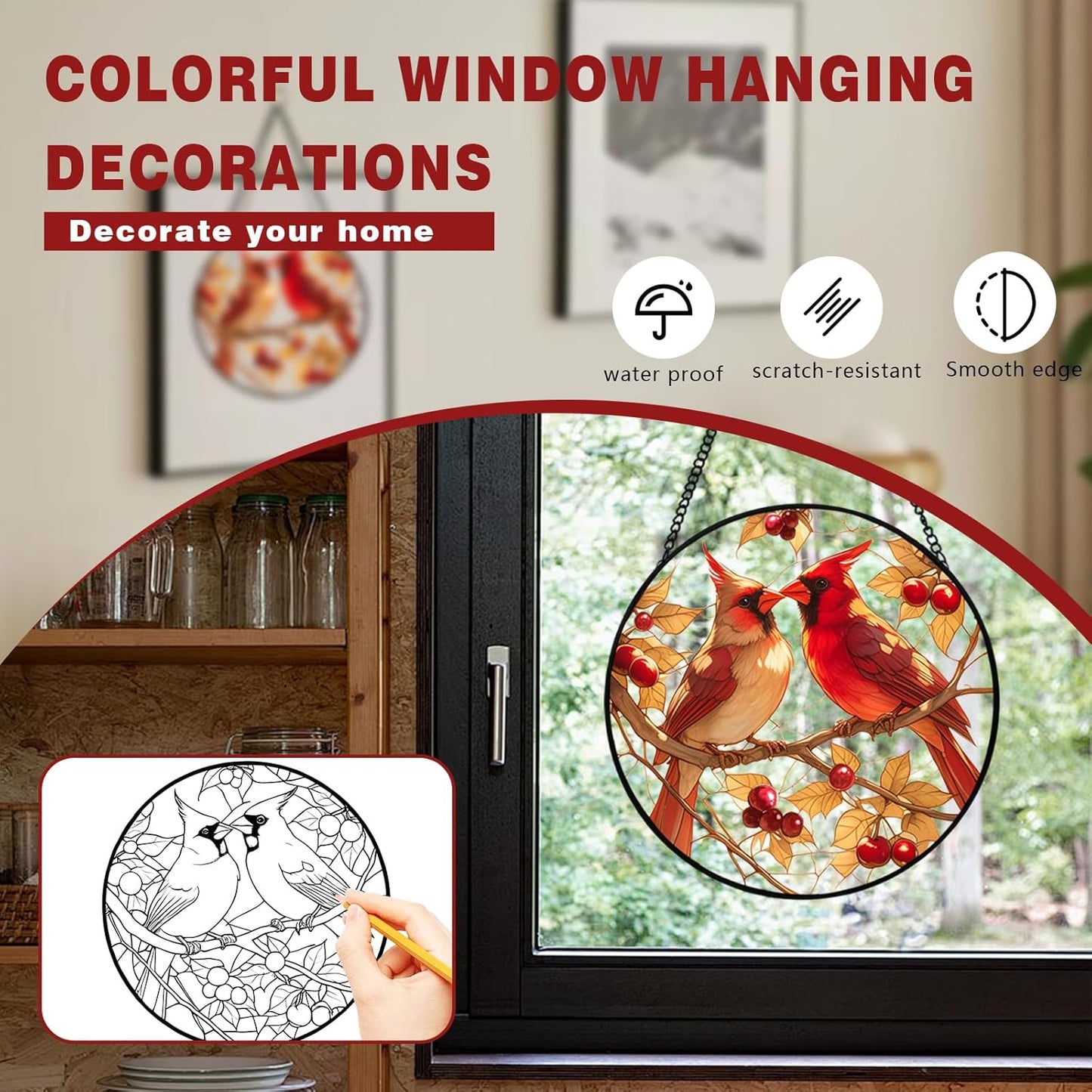Stained Glass Style Cardinal Suncatcher, 7.87 Inch (20cm) Round Real Glass Window Hanging with Gift Box and Chain, Bird Decor Gift