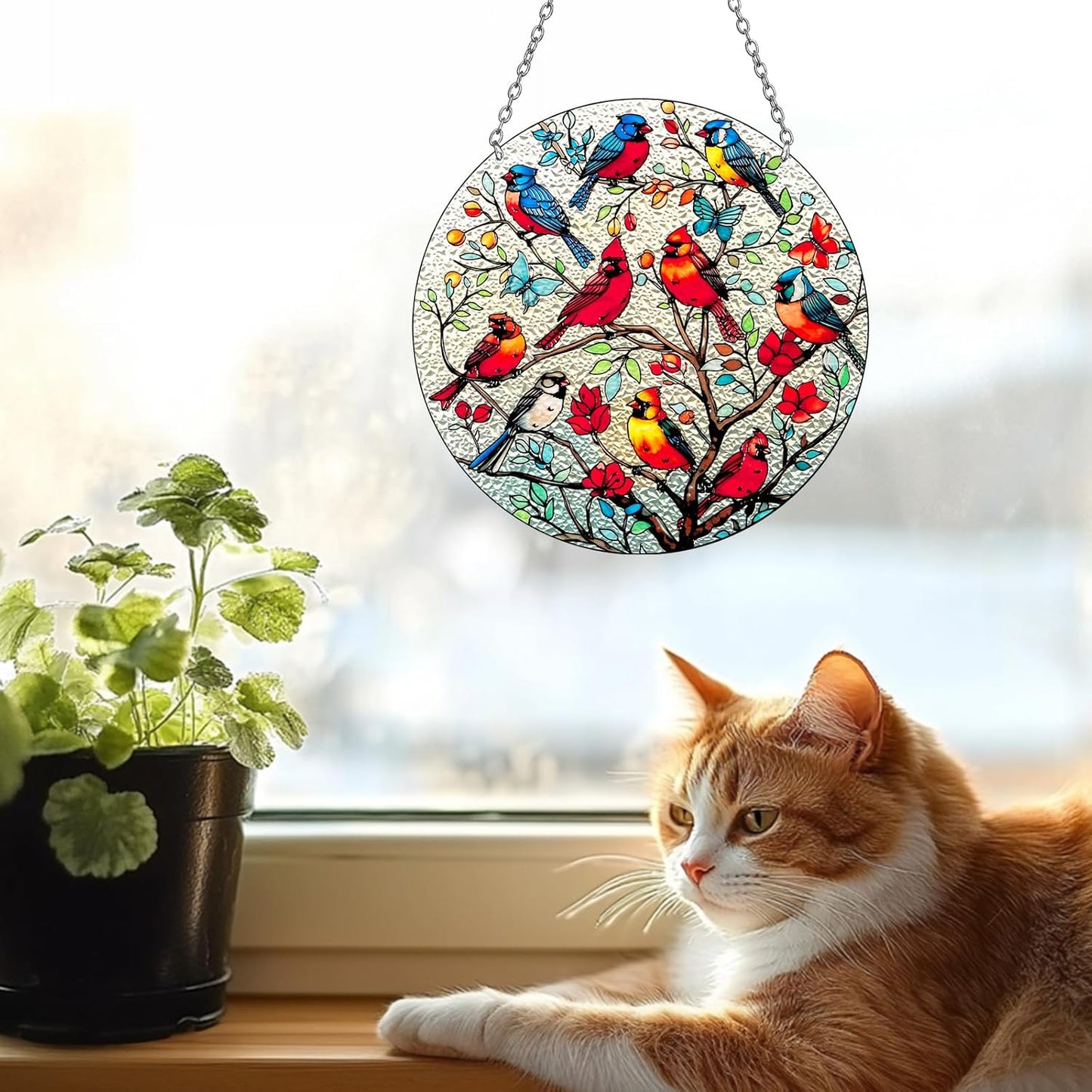 Large Size Cardinal Stained Glass Window Hanging, Cardinal Suncatcher Garden Decor, Hand Painted Red Bird Window Suncatchers, 8.6in Memorial Ornament for Bird Lovers Women