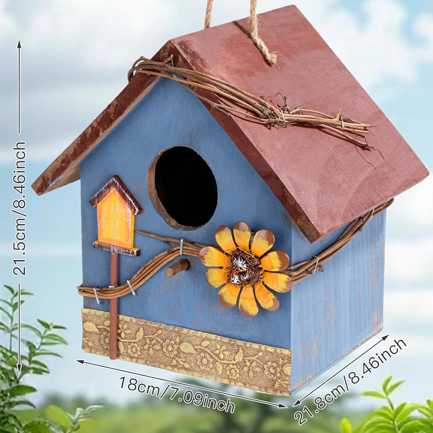 DEWEL Bird Houses for Outside Clearance, Hanging Birdhouses for Outdoors, Garden Wooden Blue Bird Houses for Outdoors, Bird Nesting Box for Bluebird Finch Swallow Wren Chickadee, Gift for Bird Lovers