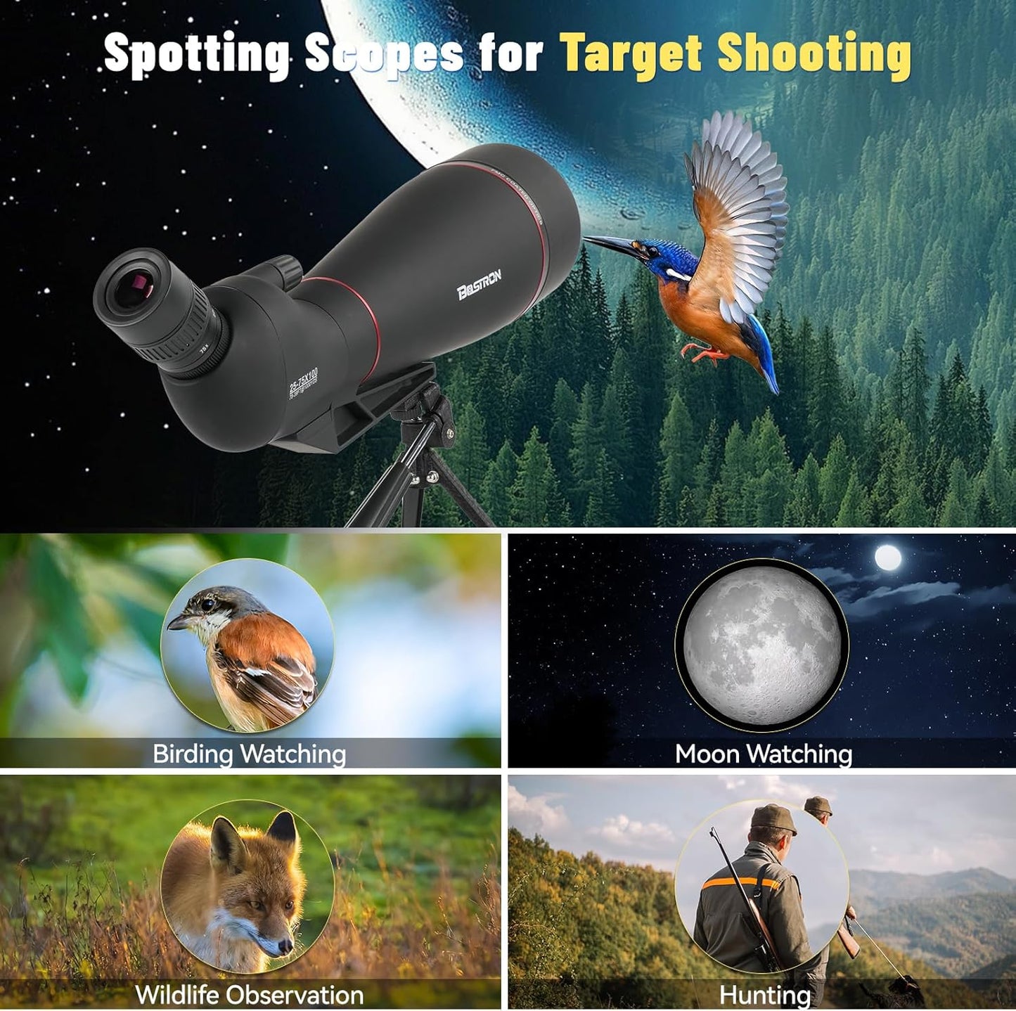 Spotting Scope, 25-75x100 Angled Spotting Scopes for Target Shooting with Tripod BAK4 Prism Dark Green FMC Lens,Waterproof Spotter Scope for Birding stargazing,Phone Adapter Carrying Bag,Black