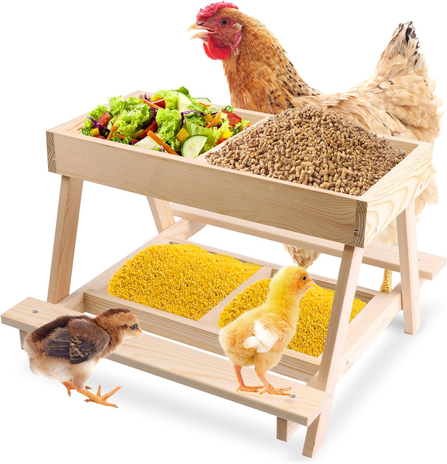 Double Chicken Picnic Table, Large Capacity Wooden Chicken Feeder No Waste, Mesh Bottom for Easy Cleanup, Suitable for Chickens, Ducks, Squirrel, Turkey