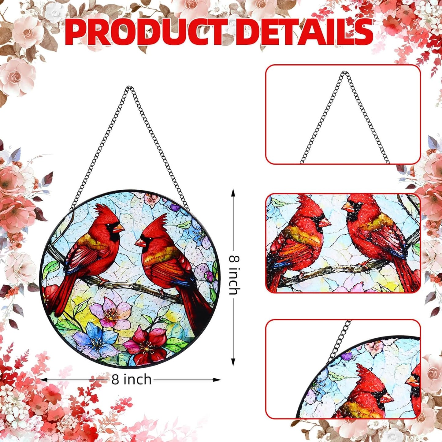 Stained Glass Window Hanging, 8 in Cardinal Sun Catchers, Diamond Glas