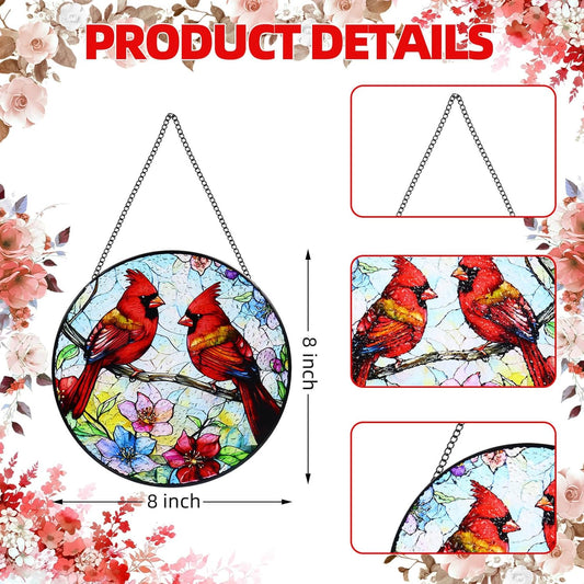 Stained Glass Window Hanging, 8 in Cardinal Sun Catchers, Diamond Glass Panel Landscape Suncatcher for Home Decor - Gift for Bird Lovers Women Mother's Day Christmas