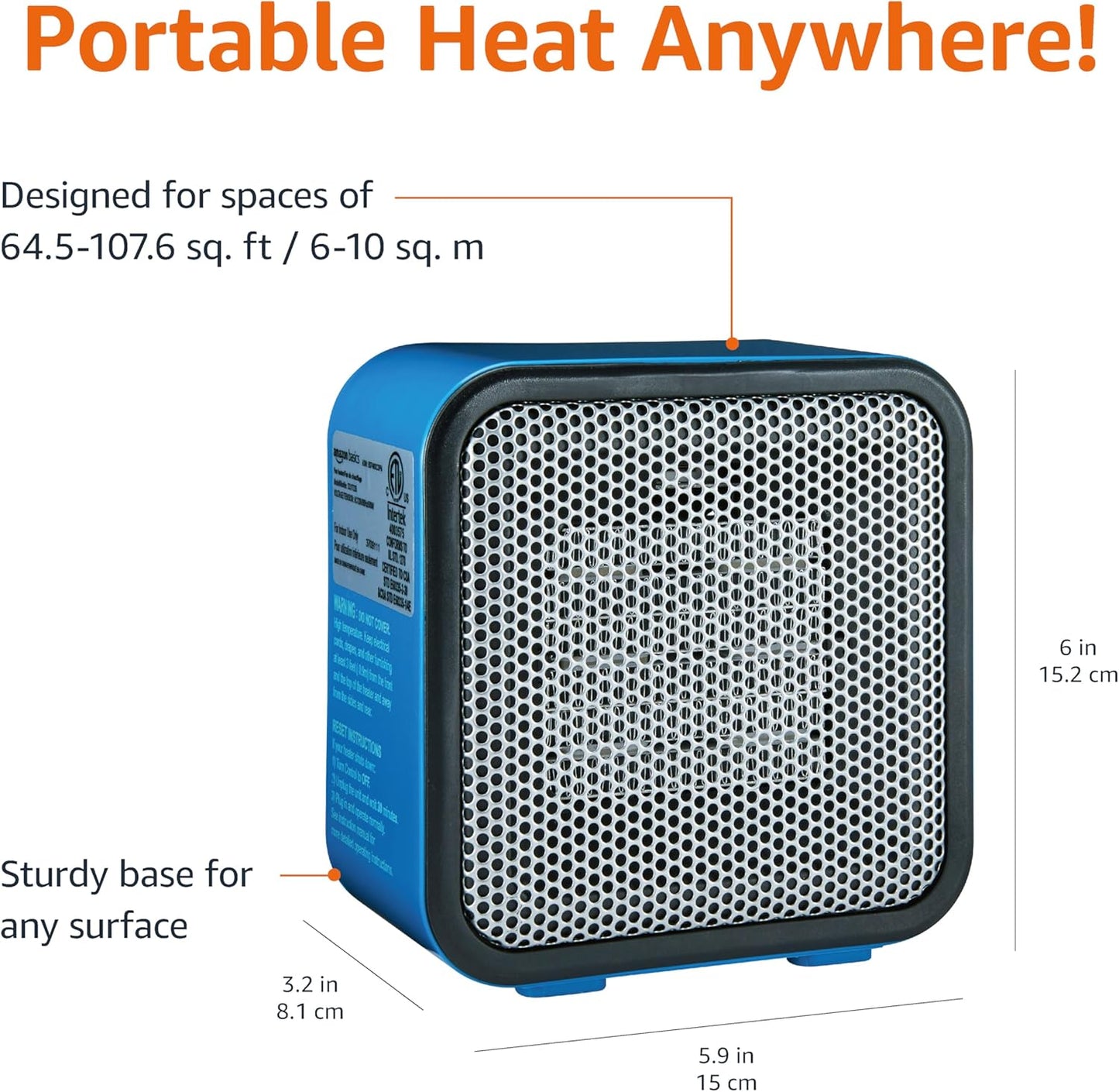 Amazon Basics Ceramic Portable Mini Space Heater for Office Desk, Fast Heating, Efficient, Indoor Use, 500W, With Tip-Over Protection, Lightweight 1.4 lbs, Blue, 5.9 x 3.2 x 6 inches