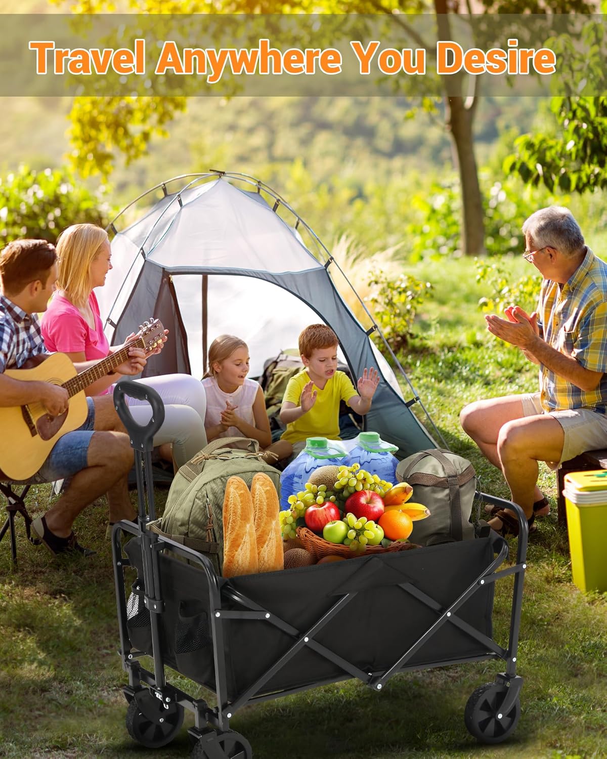 Wagon Cart Heavy-Duty 360LBS Foldable，All-Terrain Collapsible Utility Cart with 360° Wheels & Drink Holders for Beach, Camping, Gardening, Grocery (Black)