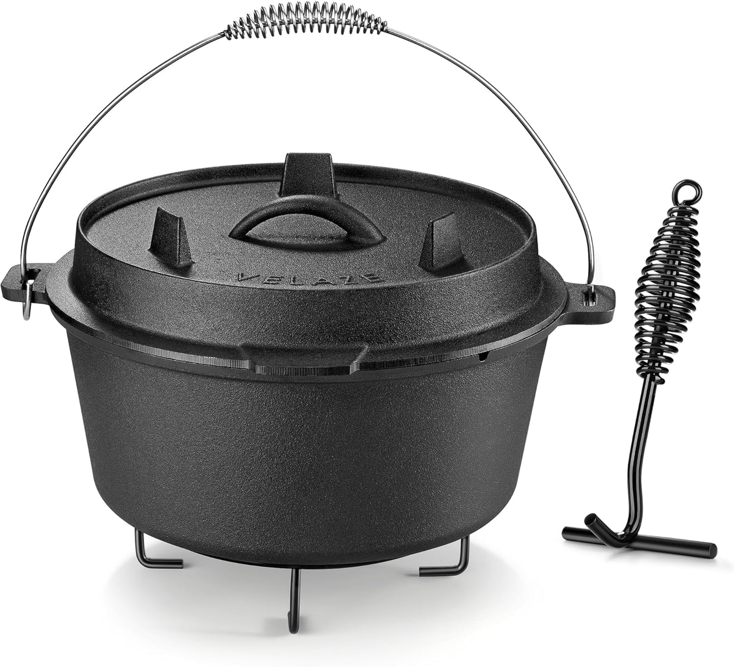Velaze 10QT Camping Dutch Oven, Pre-Seasoned Cast Iron Camp Dutch Oven