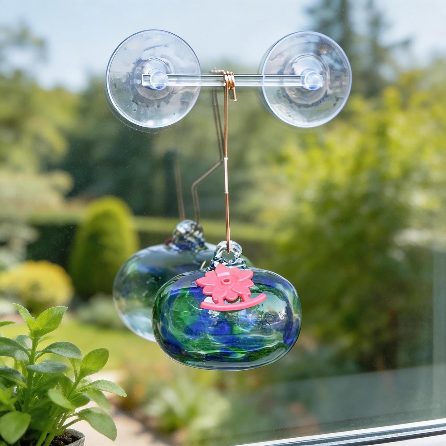 QFkris Blown Glass Hummingbird Feeder with Suction Cups for Window, Sm