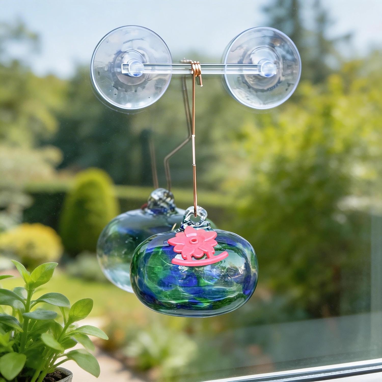 QFkris Blown Glass Hummingbird Feeder with Suction Cups for Window, Sm