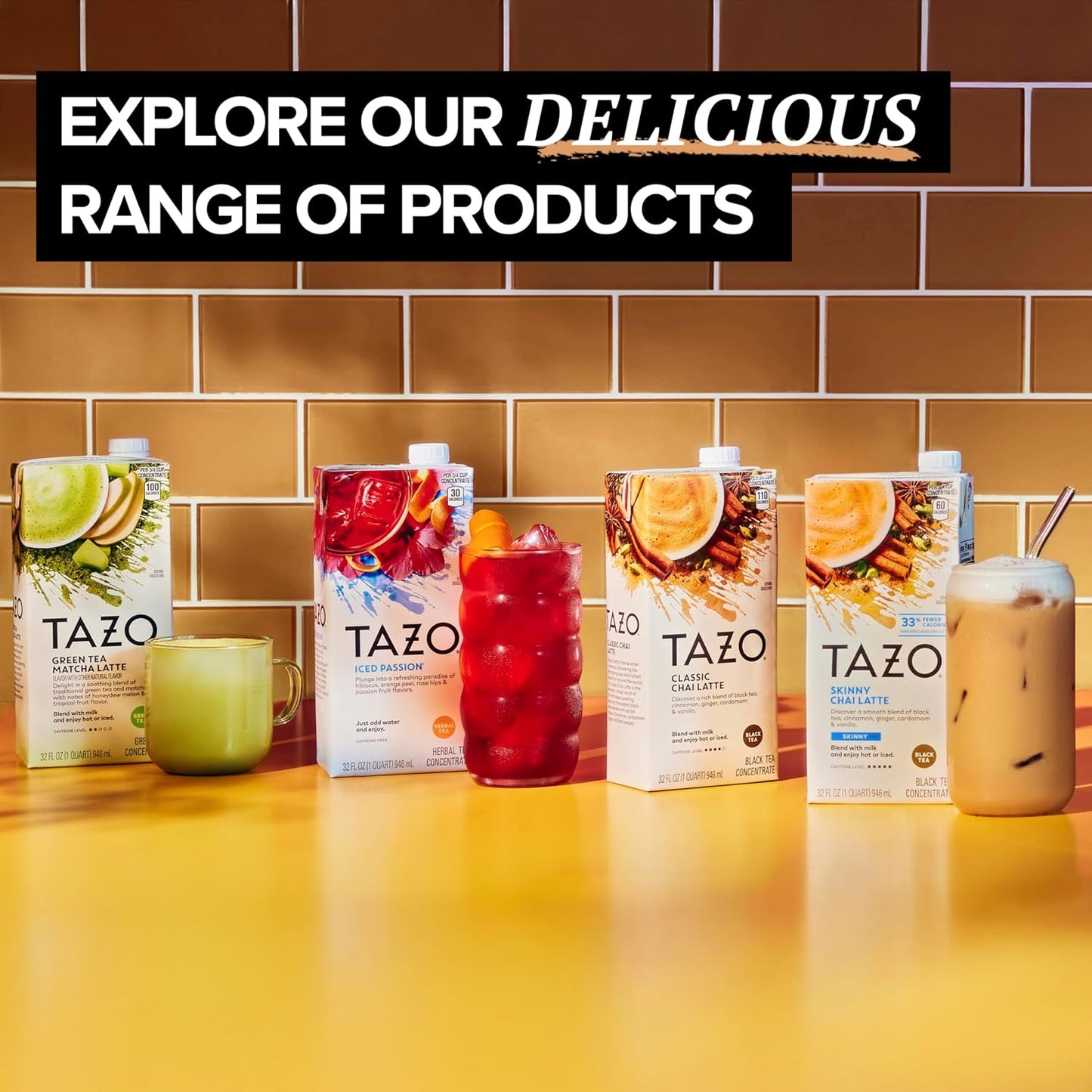TAZO Classic Chai Latte, Black Tea Concentrate, Easy-to-Serve Caffeinated Chai Tea for Everyday Lattes, Mocktails and Hot or Iced, 32 oz Carton