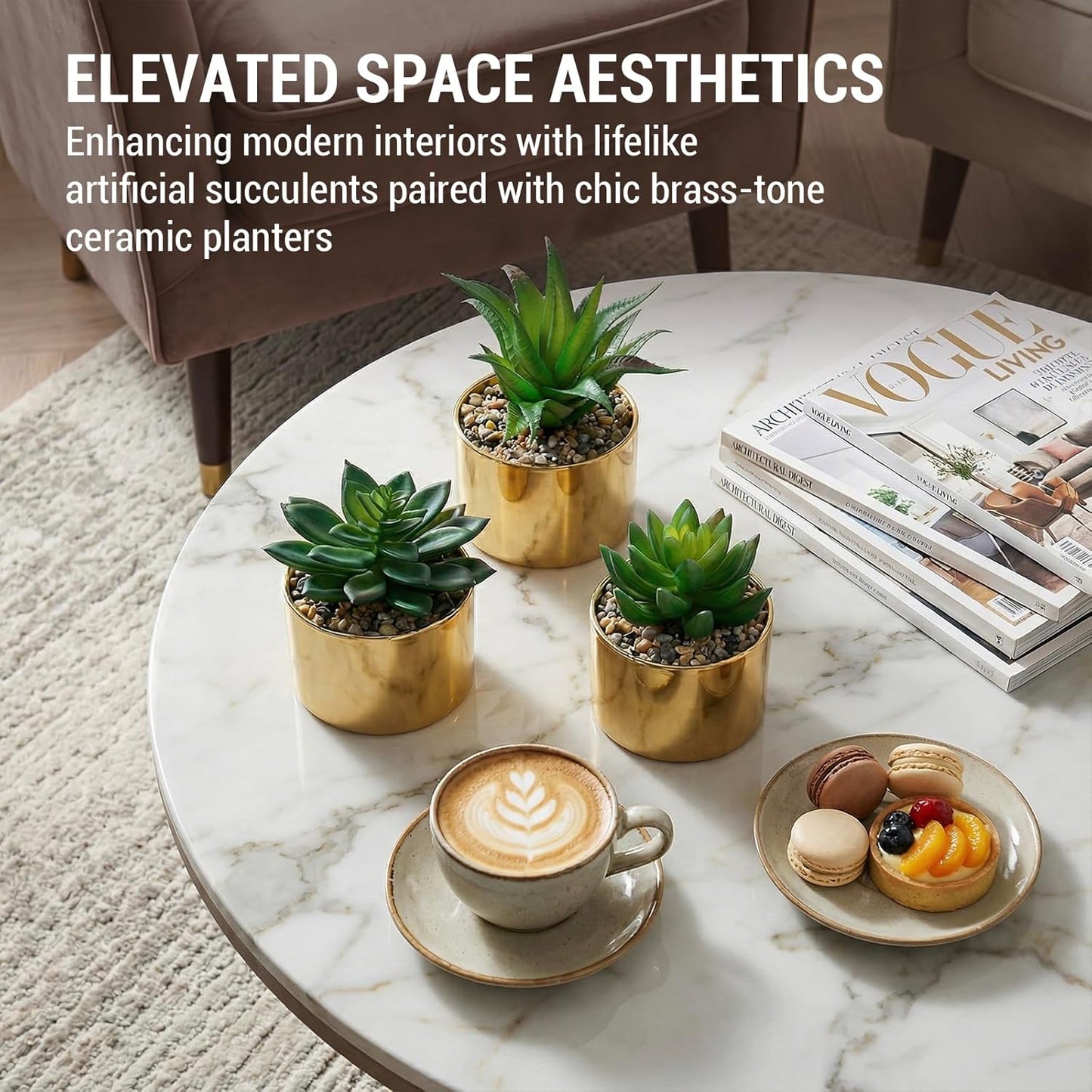 MyGift Set of 3 Artificial Succulent Decorations in Modern Brass-Tone Ceramic Planter Pots