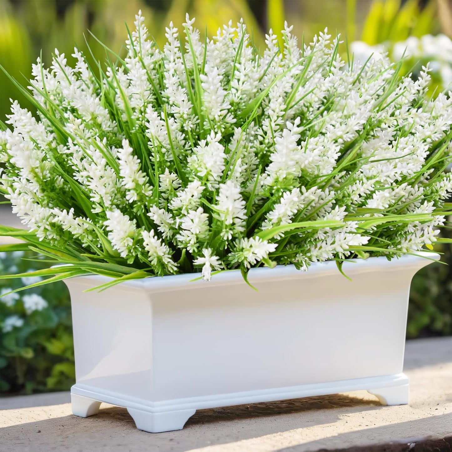 12 Bundles Outdoor Artificial Plants and Flowers, UV Resistant Faux Monkey Grass with Lavender and Fake Plastic Greenery for Spring Summer Outside Planter Porch Garden Decor, White