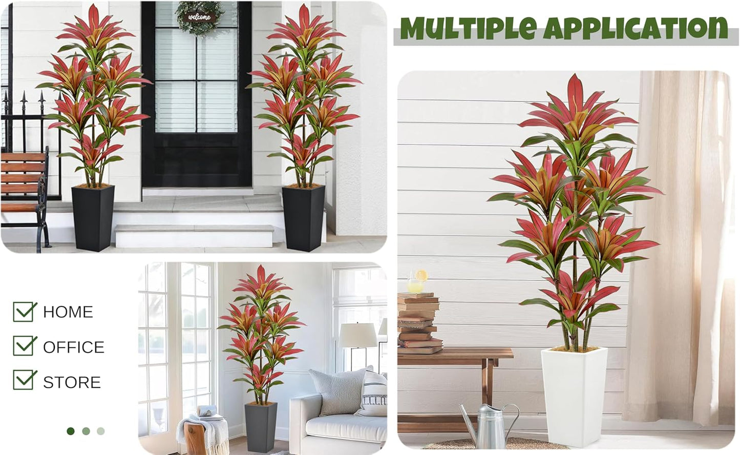 Artificial Red Dracaena Tree 6FT with 114 Leaves & 7 Heads & Black Tall Planter Cover with Coconut Fiber Tall Faux Tropical Silk Bicolor Plant 72 Inch for Indoor Home Office Porch Mall Decor