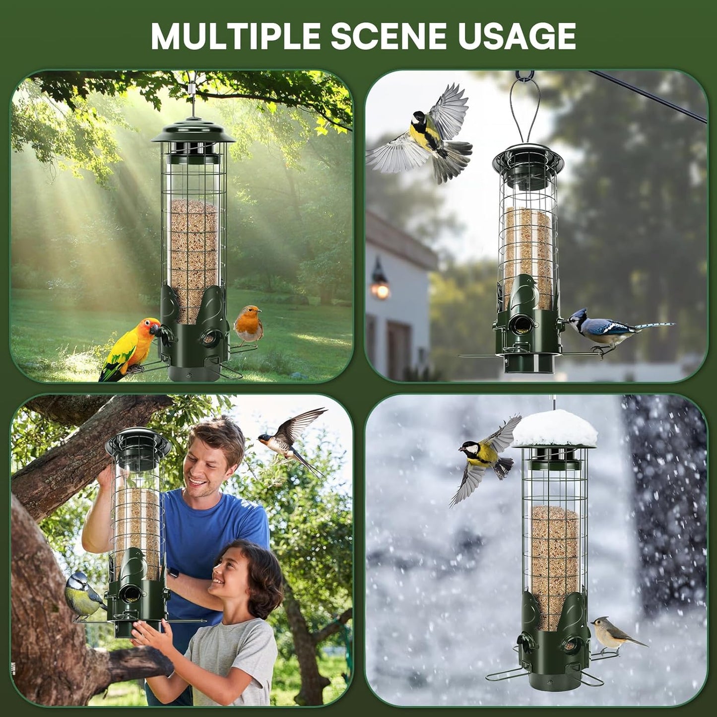 Squirrel Proof Bird Feeders for Outdoor Hanging, Weight Activated Metal Mesh Wild Outside Bird Feeder, 3LB Large Capacity Birdfeeder for Finch Cardinal Chickadee, Green