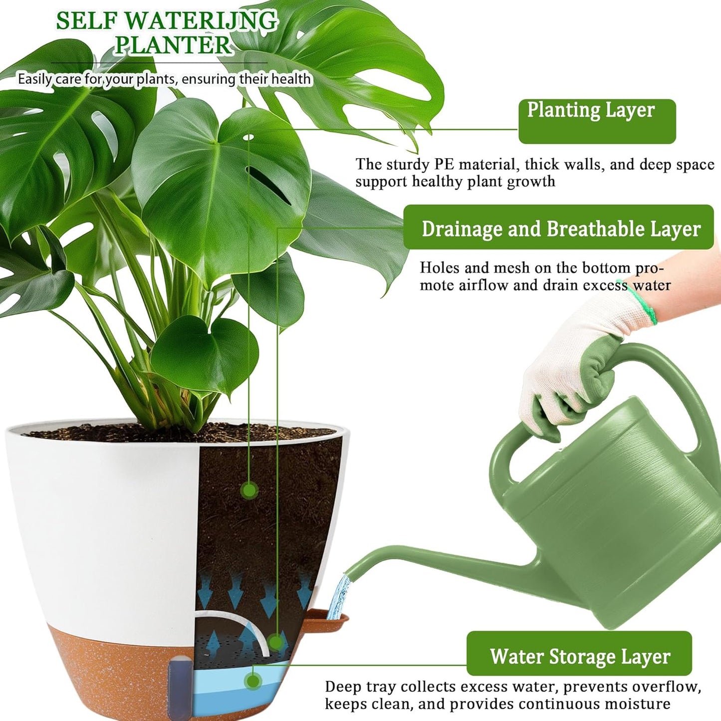 8/10/12 Inch Self Watering Pots for Indoor/Outdoor Plants - Large Plas
