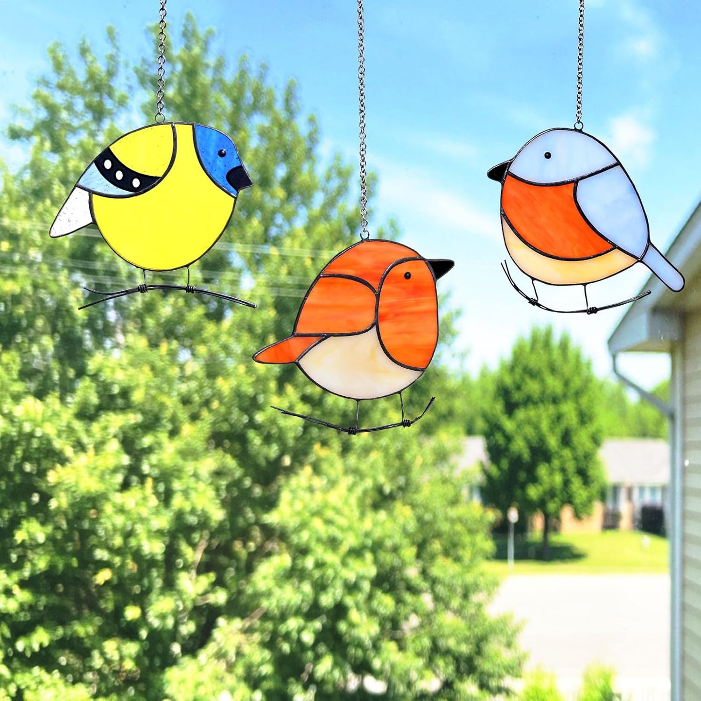 3 Pack Birds Stained Glass Suncatchers, Handmade Window Hanging, Cute Sun Catchers, Indoor Outdoor Decoration, Gifts for Women Men Bird Lover Gardener, 3 Removable Hangers Given
