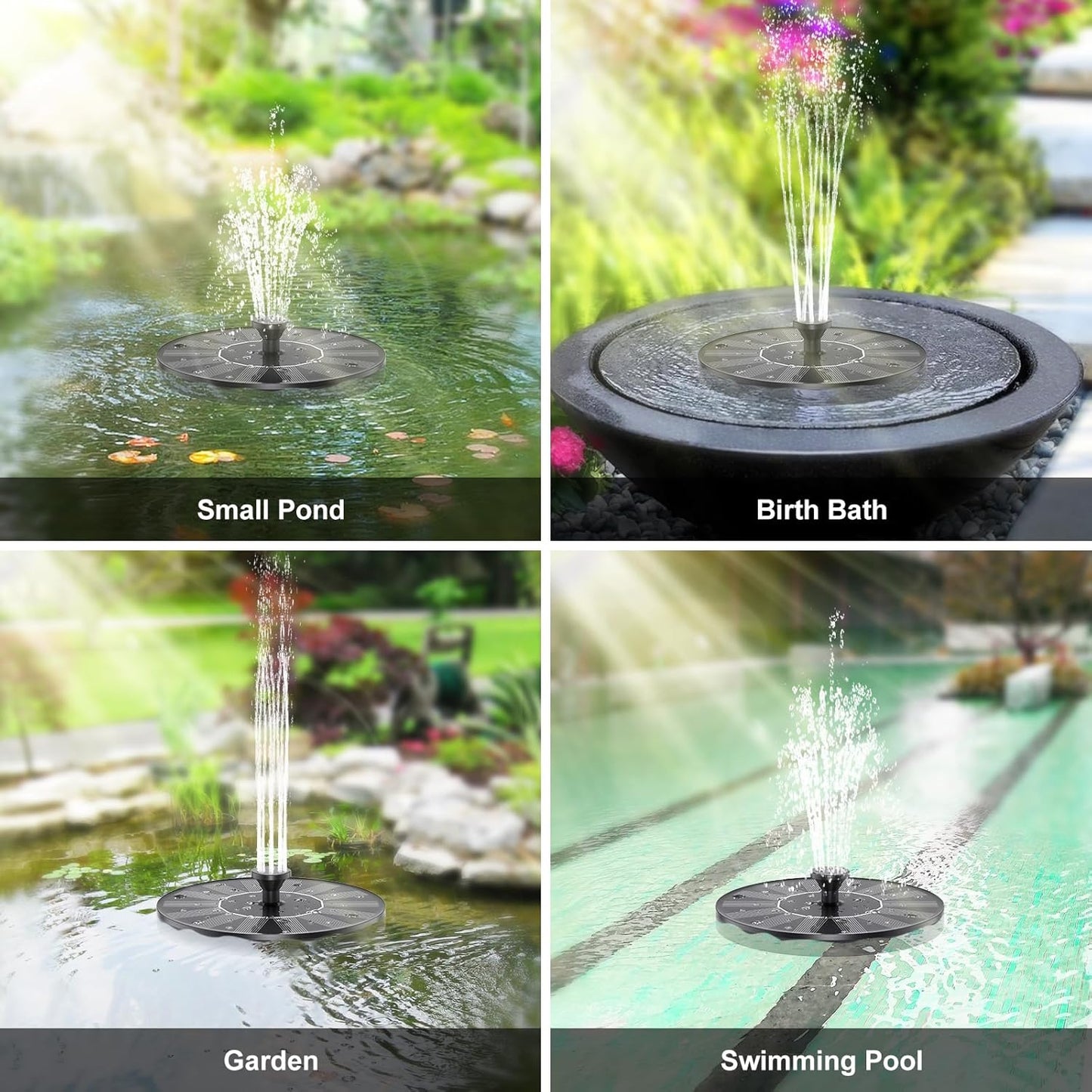 Solar Water Fountains,Solar Powered Bird Bath Fountain with 6 Nozzles - Free Standing Floating Solar Fountains for Bird Bath, Garden, Pond, Pool (Black-1.4W)