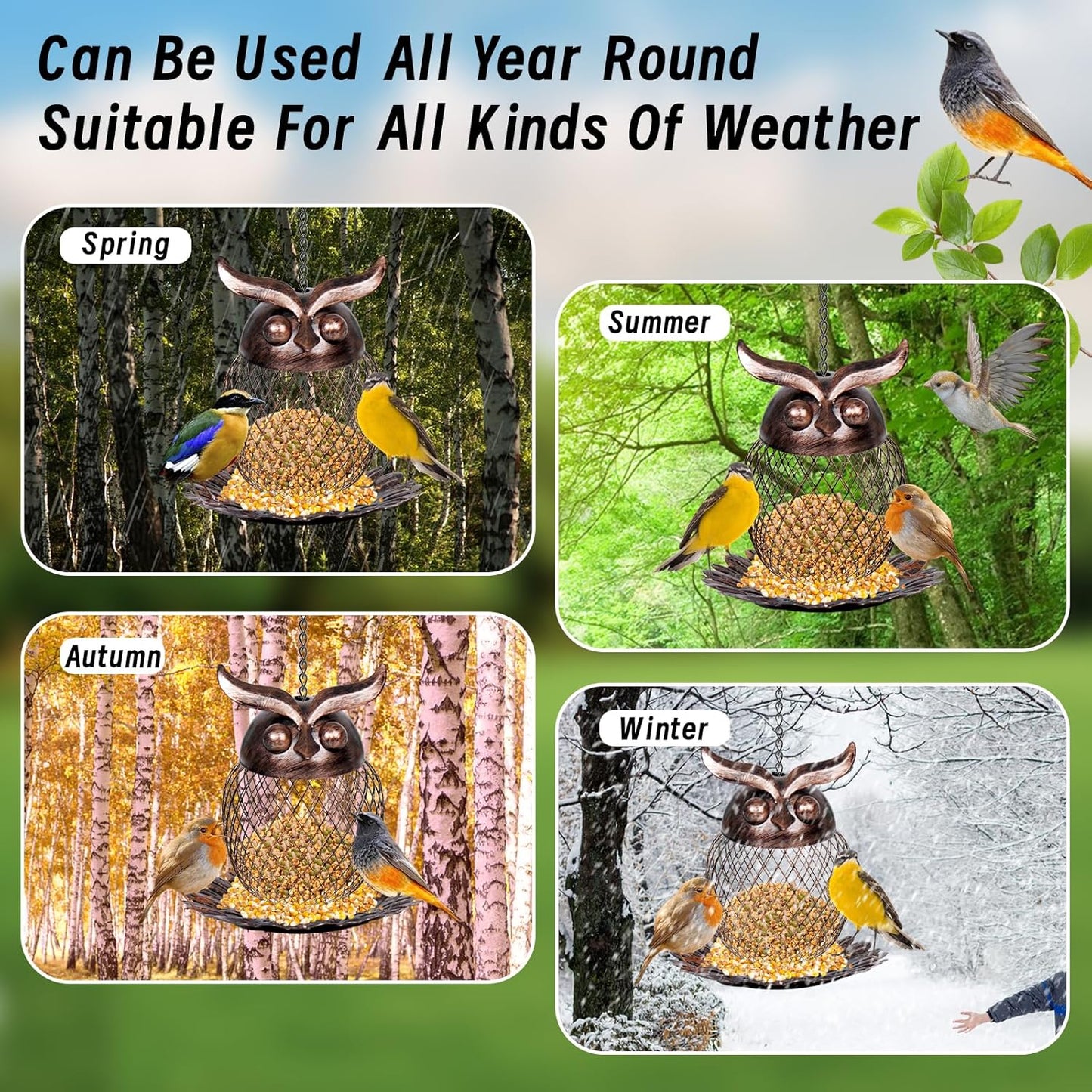 Bird Feeders for Outdoors, Metal Hanging Wild Birdfeeder with Hook for Outside Garden Yard Decor, Owl Shaped Mesh Bird Seed Feeder for Bluebird Cardinal Finch Sparrow Blue Jay