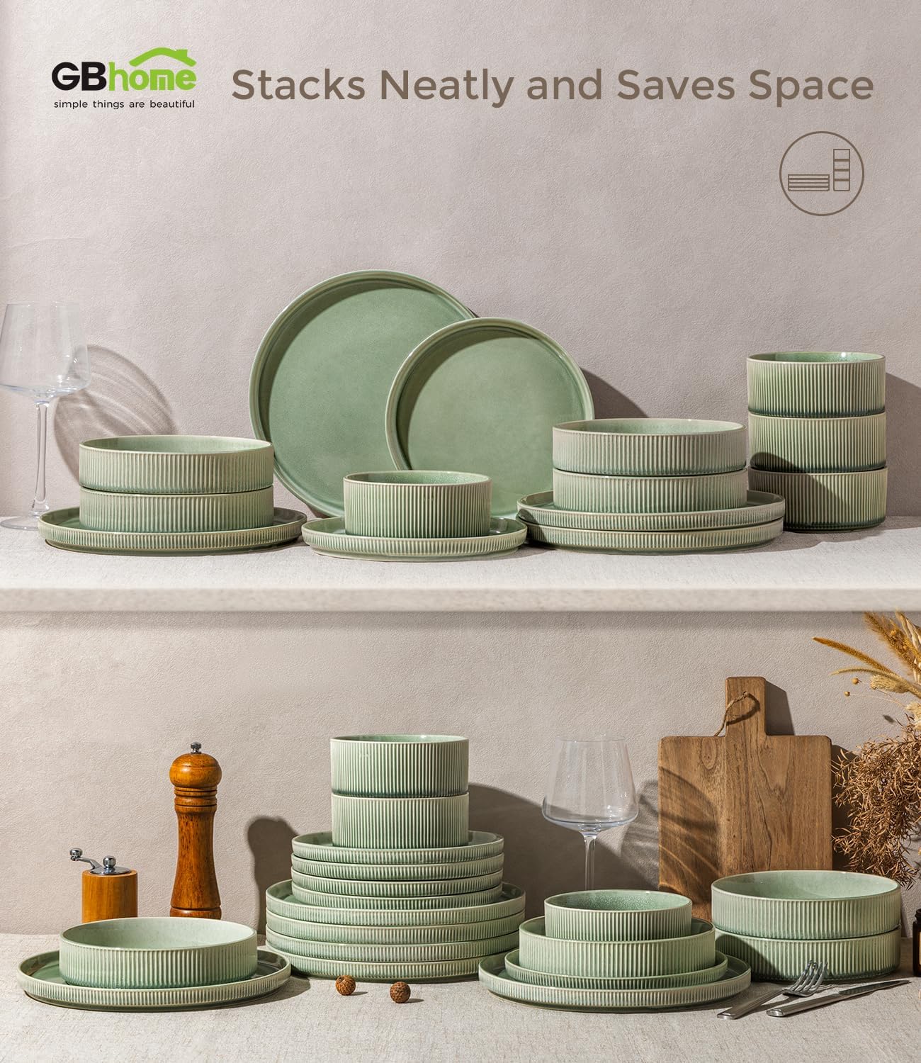 GBHOME 24-Piece Stoneware Dinnerware Set for 8 – Ribbed Ceramic Plates