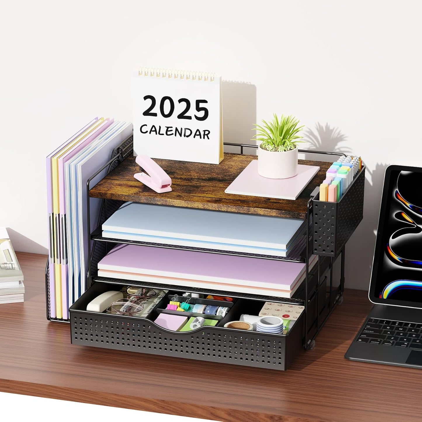 gianotter Wood Desk Organizers and Accessories with File Holder, 4-Tie