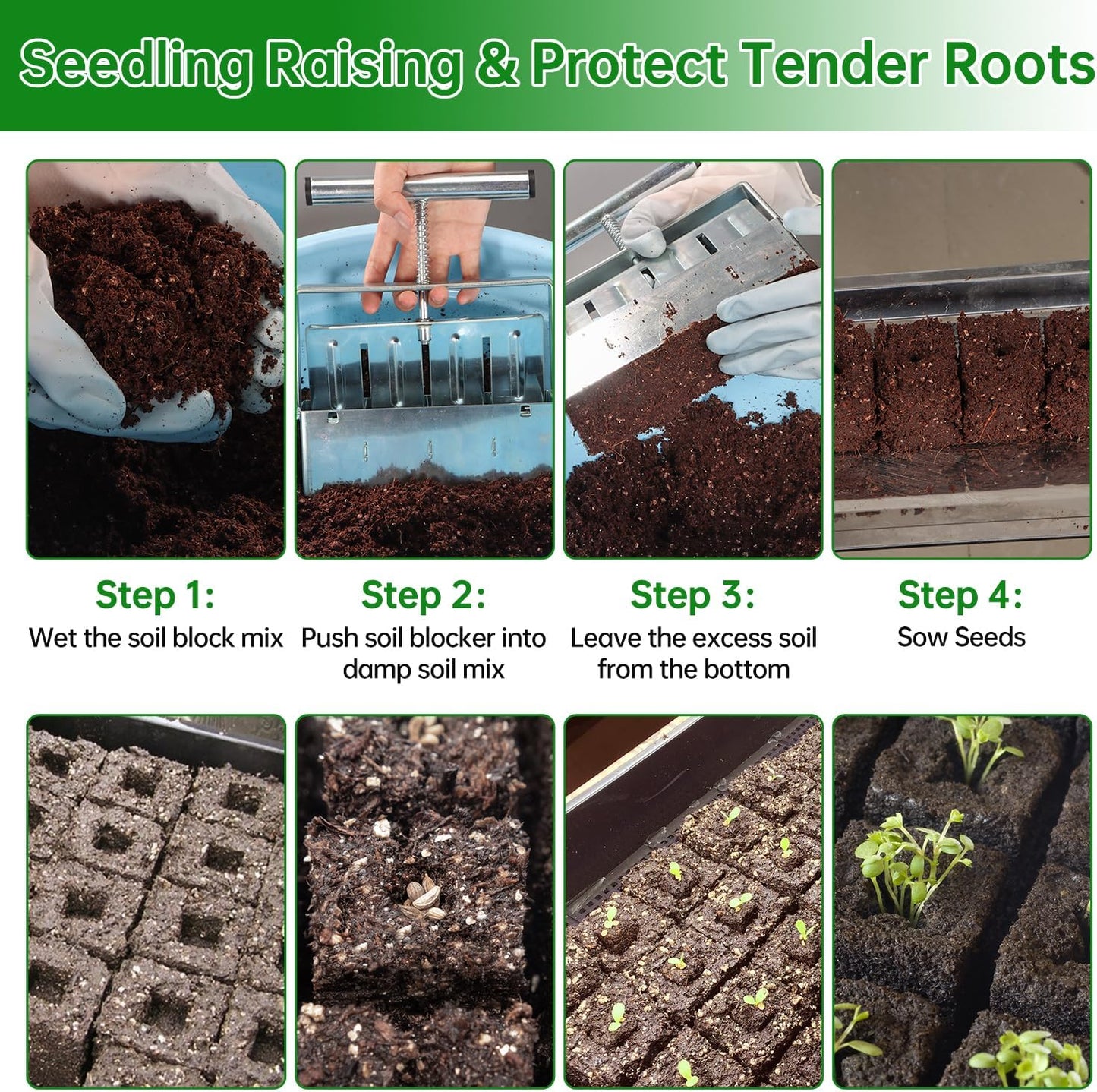 Soil Blocker, 4 Cell Soil Block Maker 2 Inch with 3 Sizes Seed Pins, S