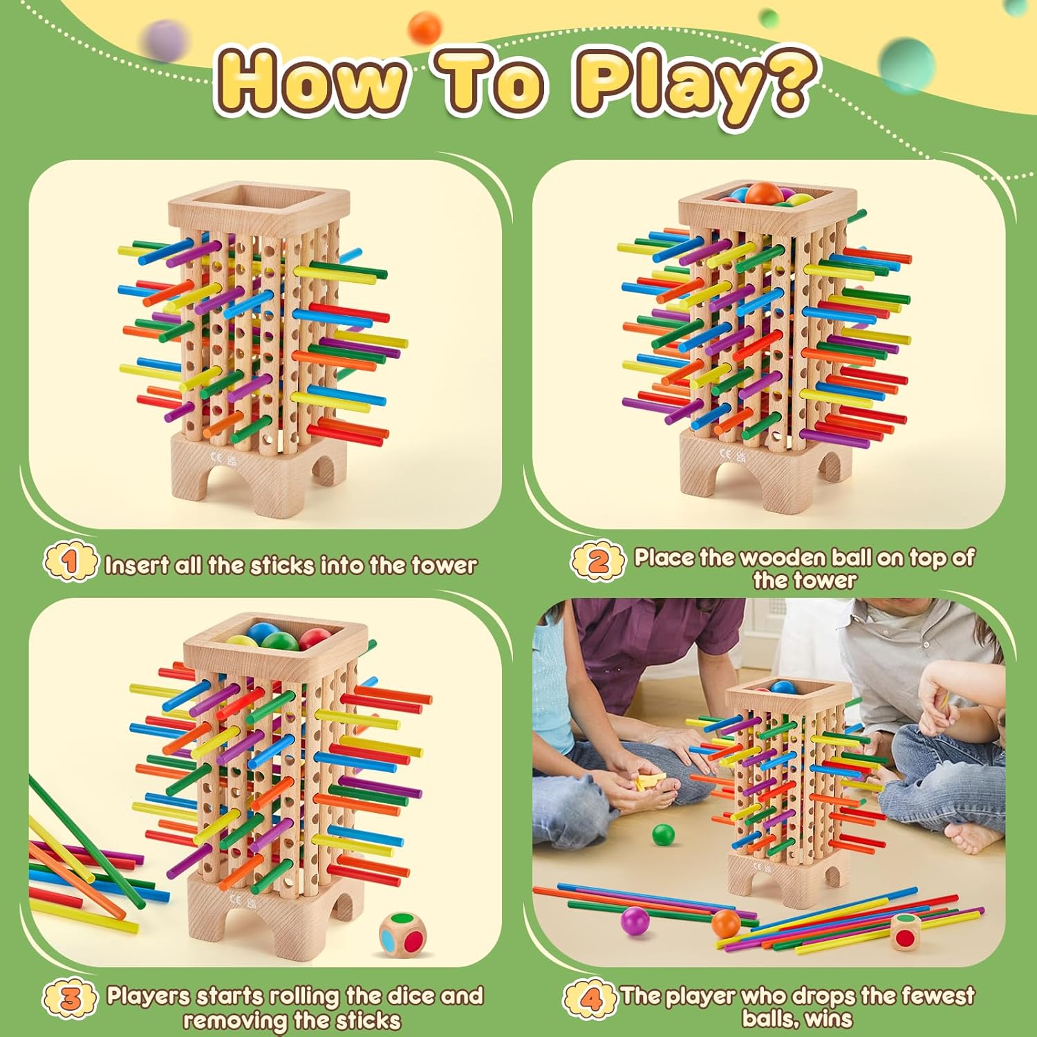 Montessori Game Wooden Board Game, 42 Colorful Wooden Sticks Dice Game