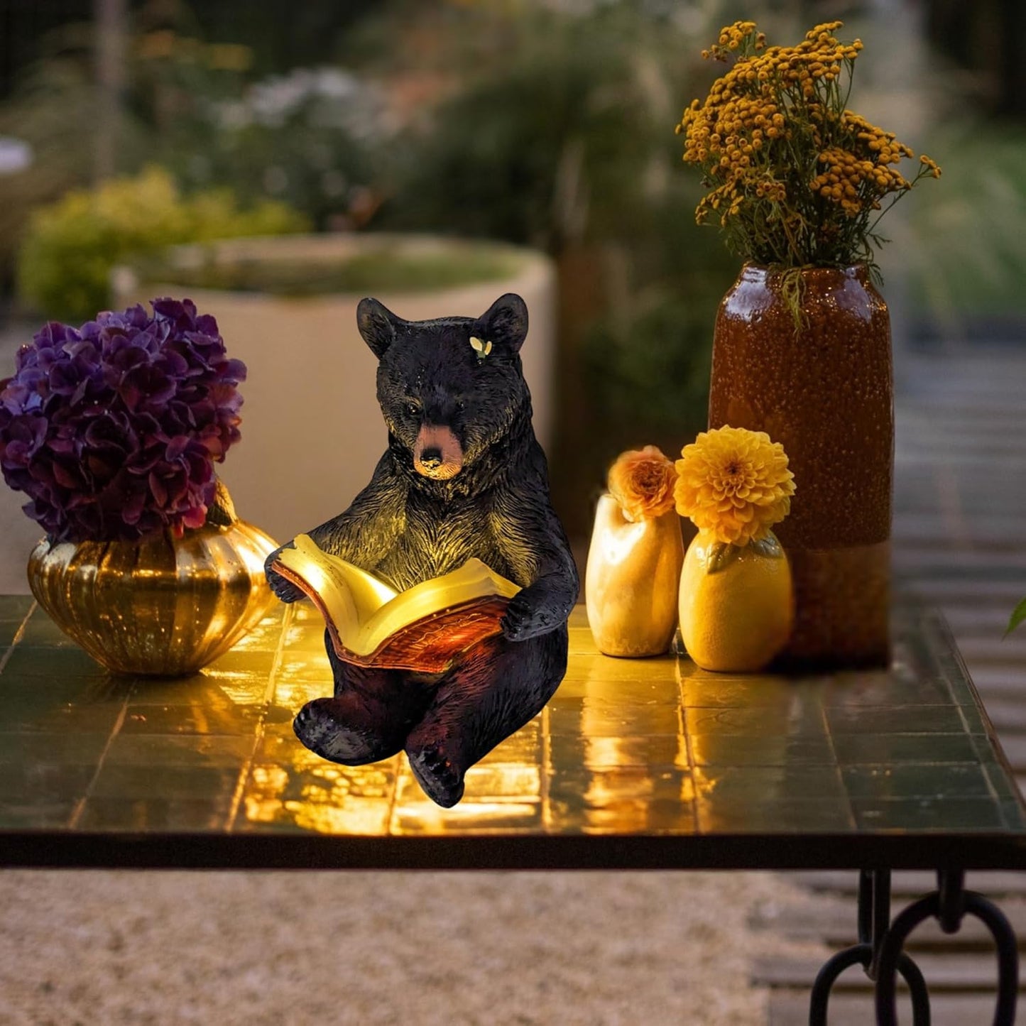 Black Bear Reading Solar Night Light – Rustic Wildlife Décor for Garden, Patio, Cabin, or Yard, Charming Bear with Glowing Book, Solar-Powered Decor Accent, Great Gift for Nature & Animal Lovers