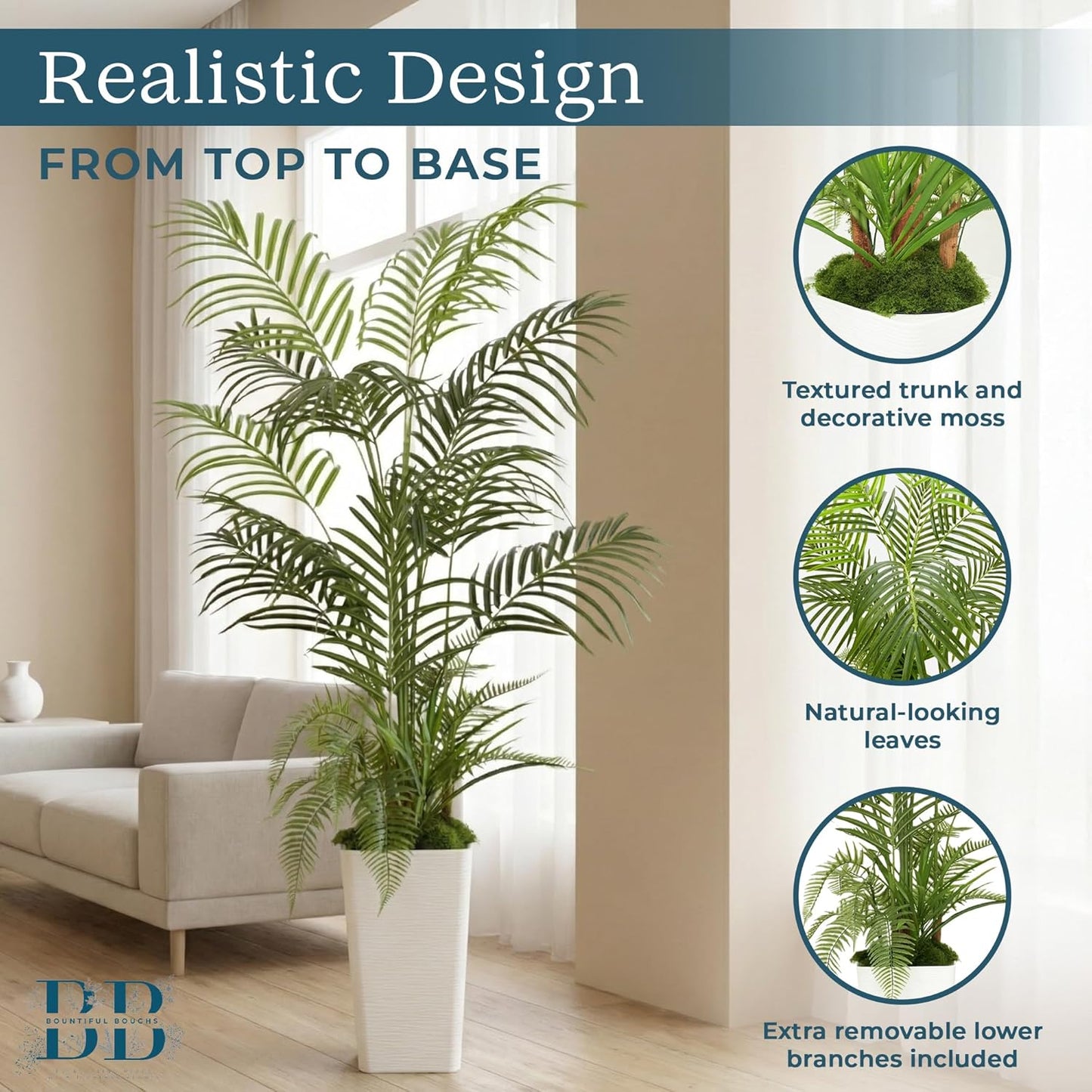 4’11” (150 cm) Areca Palm Artificial Tree with Tall White Pot, Grass & Moss – Lifelike Natural Look, Maintenance-Free Indoor & Outdoor Plant for Home, Office, Balcony & Patio