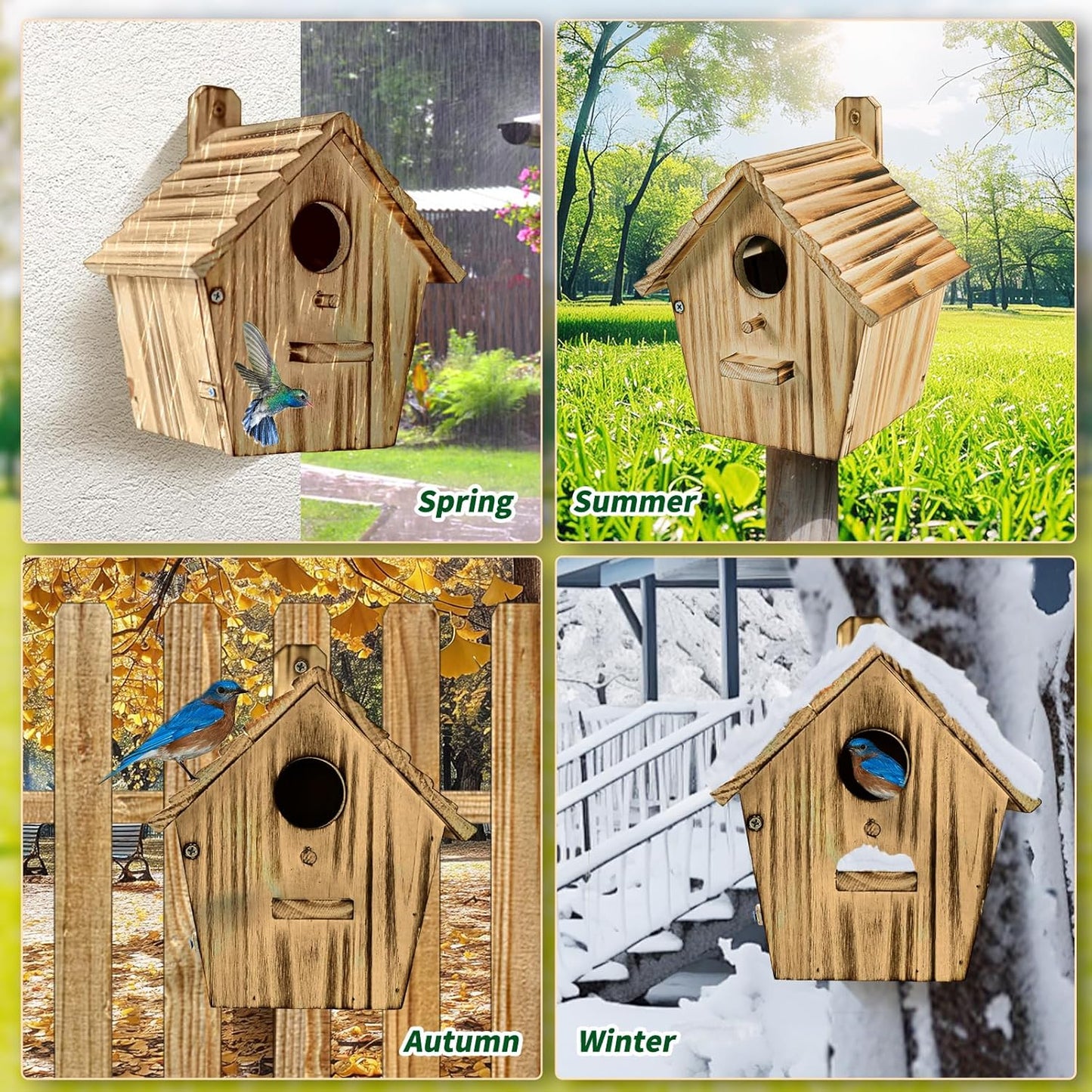 Bird Houses - Wooden Bird House for Outside with Pole - 1-1/2 Inch Entrance Hole for Bluebirds, Wrens, Chickadees, and Tree Swallows - Hanging Birdhouse for Garden