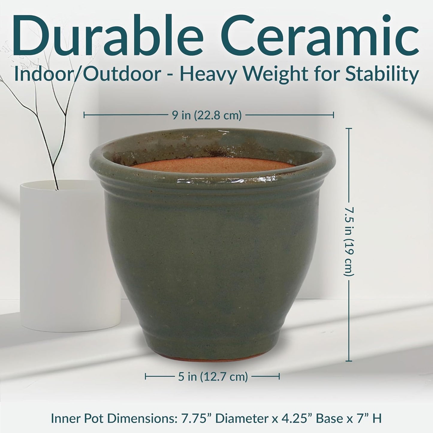 Sunnydaze Round Ceramic Planter - Set of 2 Indoor or Outdoor Plant Pots with Drainage Hole - Studio - 9" - Gray Glaze
