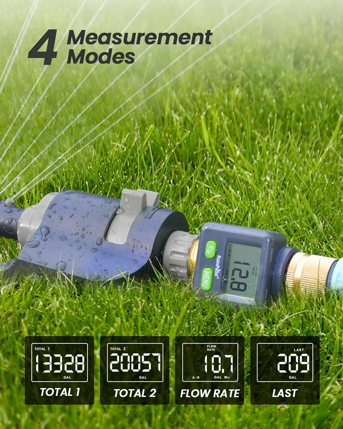 RAINPOINT Water Flow Meter with Brass Inlet & Outlet, 180° Screen-Flip