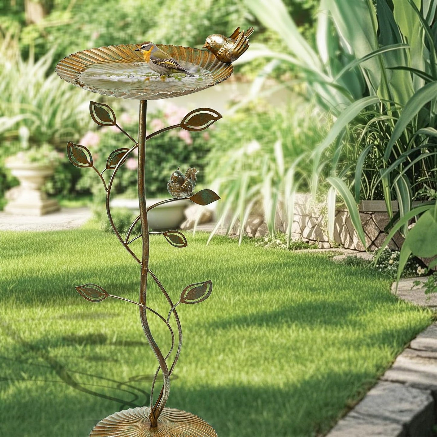 MUMTOP Bird Baths for Outdoors-Metal Bird Bath Bowl - Golden Birdbaths Stand with Leaf and Bird Decor, Bird Feeders for Outside, Garden, Patio, Lawn, Outdoor Decor