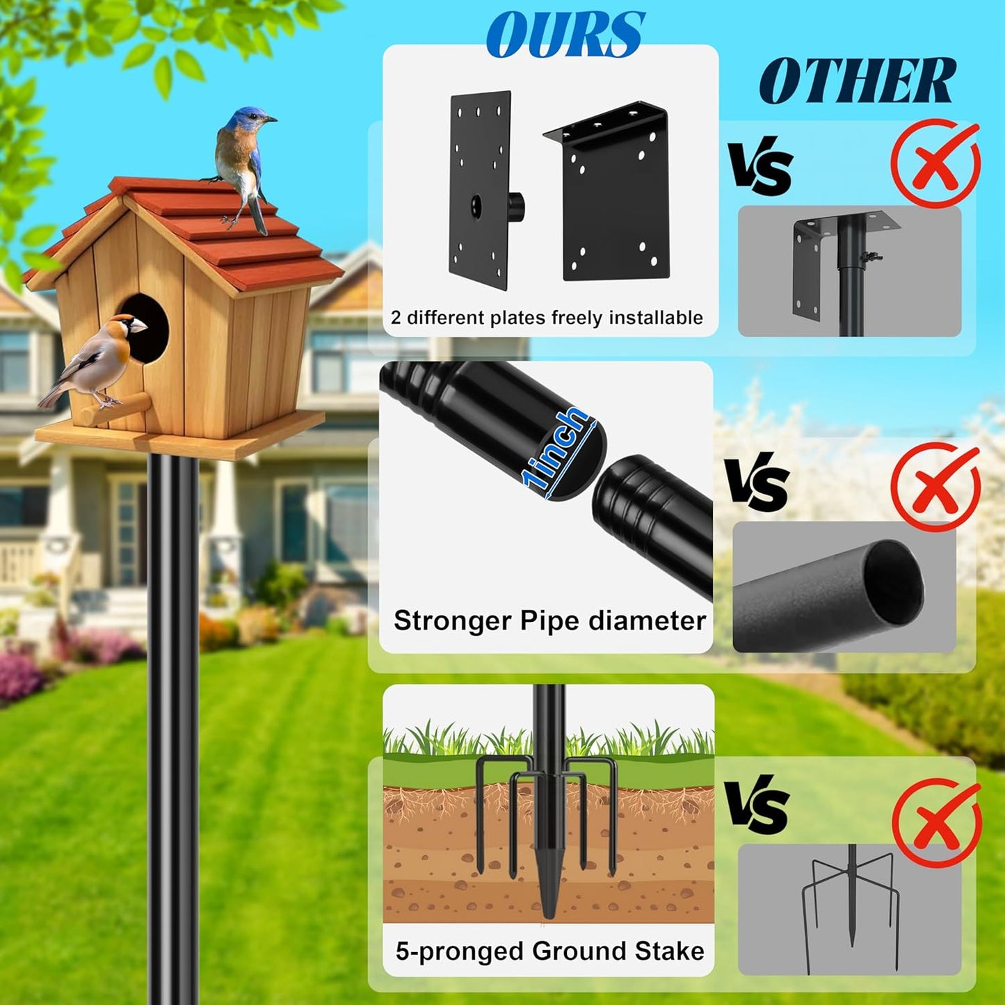 Ottsuls Bird Feeder Pole, 92 Inch Heavy Duty Bird House Pole Kit for O