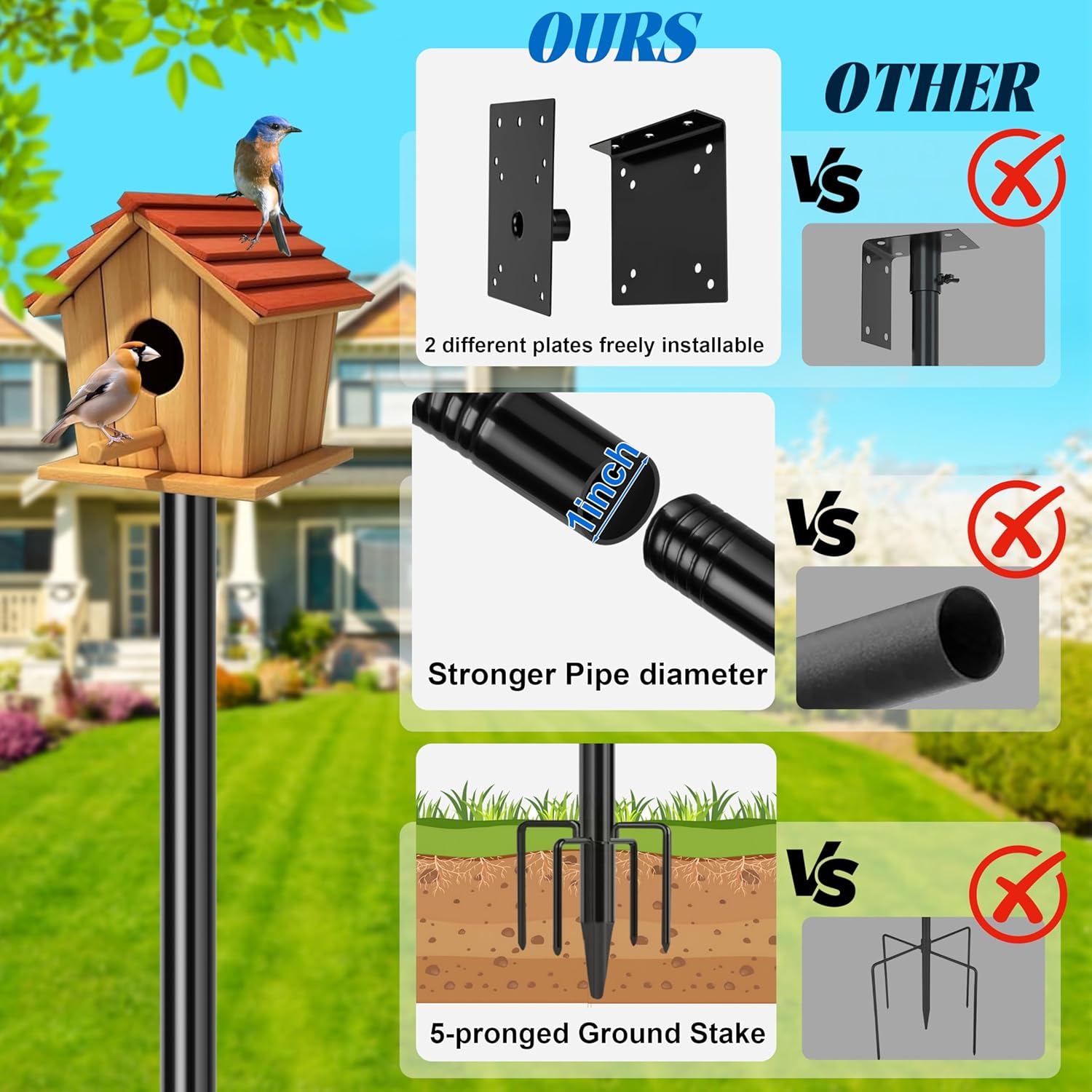 Ottsuls Bird Feeder Pole, 92 Inch Heavy Duty Bird House Pole Kit for O