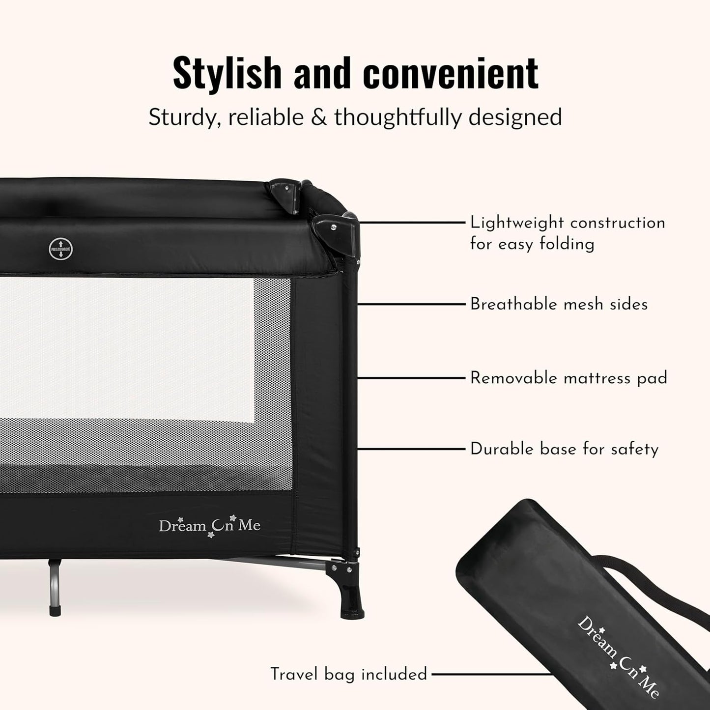 Dream On Me Nest Portable Playard in Black with Carrybag an Shoulder S