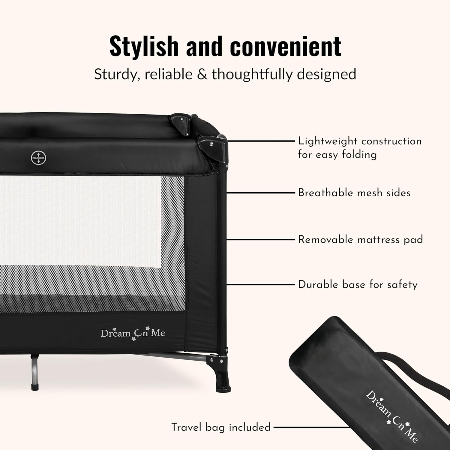 Dream On Me Nest Portable Playard in Black with Carrybag an Shoulder S